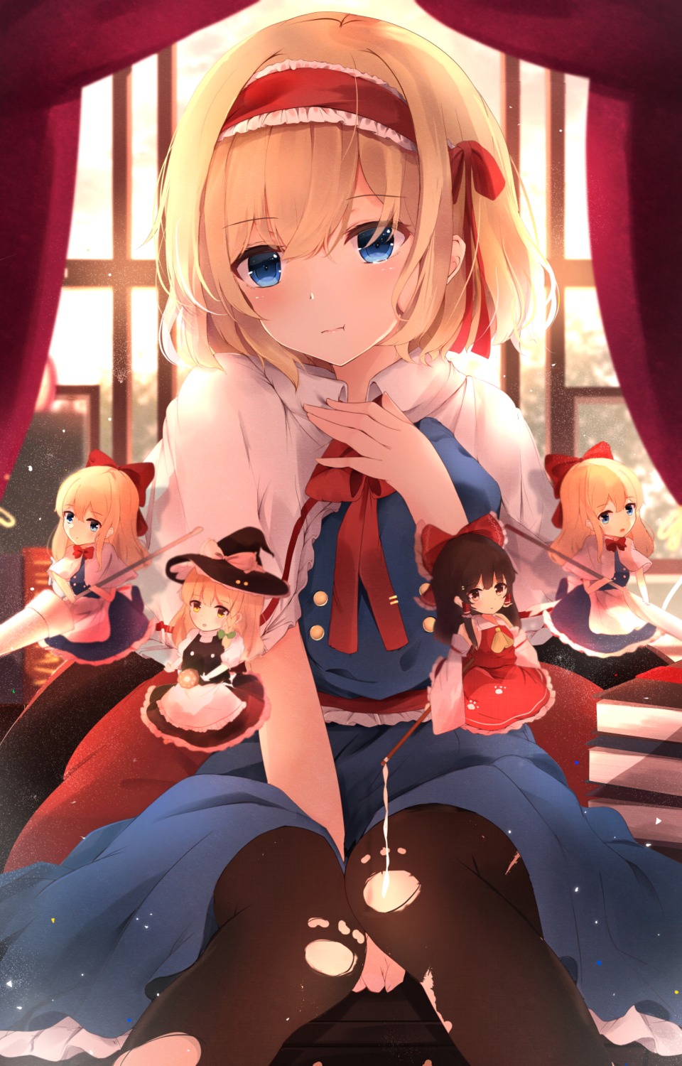 alice_margatroid, chibi, hakurei_reimu, kirisame_marisa, pantyhose, shanghai_doll, shangurira, torn_clothes