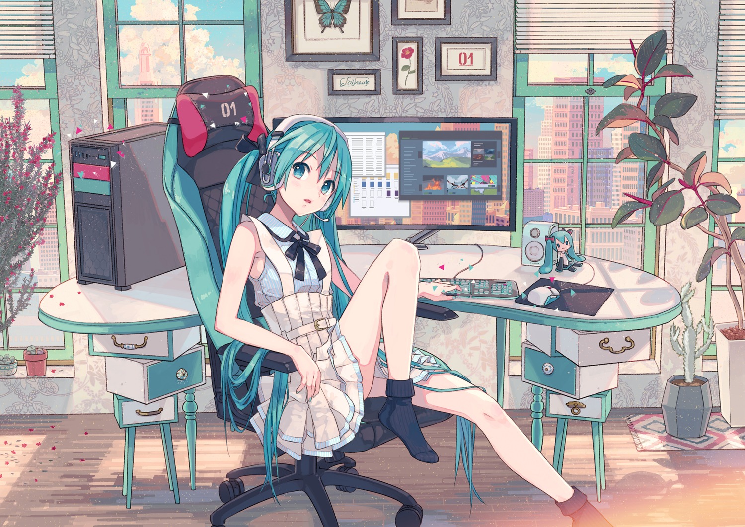 hatsune_miku, headphones, ixima, vocaloid