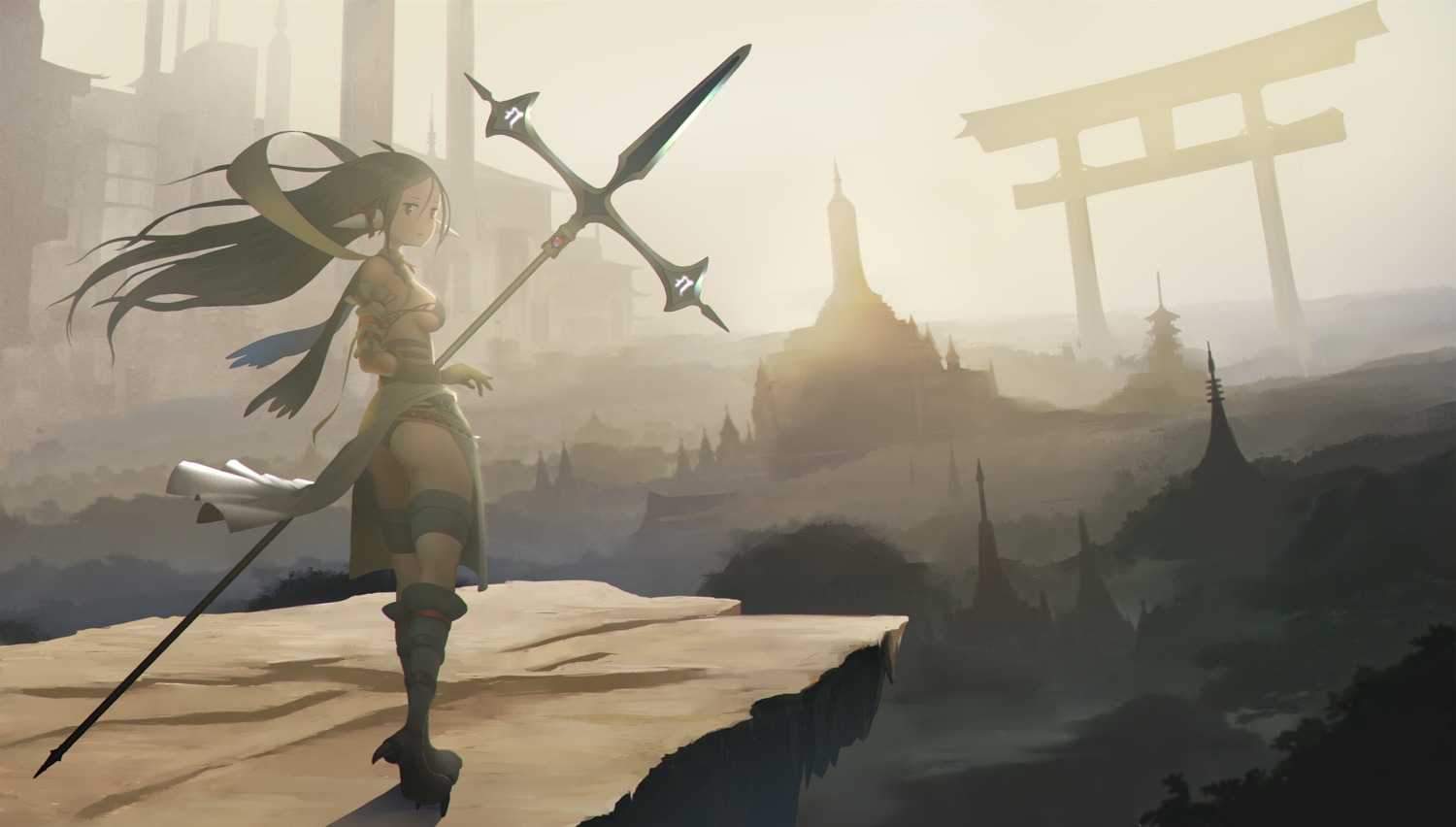 ass, bikini_armor, garter, hasukawa_isaburou, horns, landscape, weapon