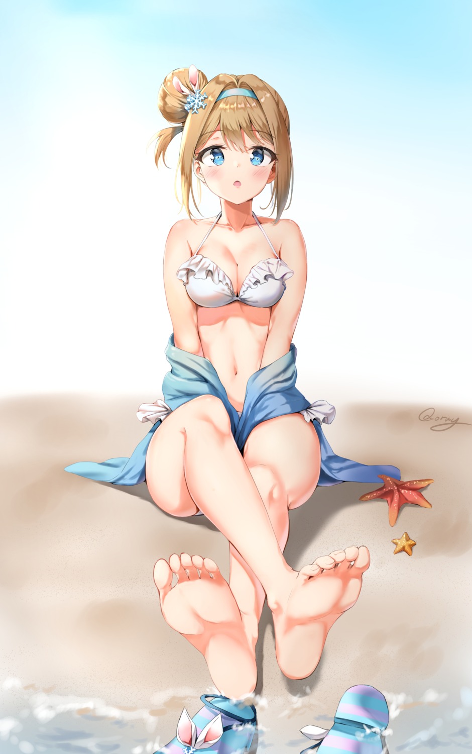 bikini, cleavage, feet, girls_frontline, open_shirt, qoray, suomi_kp31_(girls_frontline), swimsuits