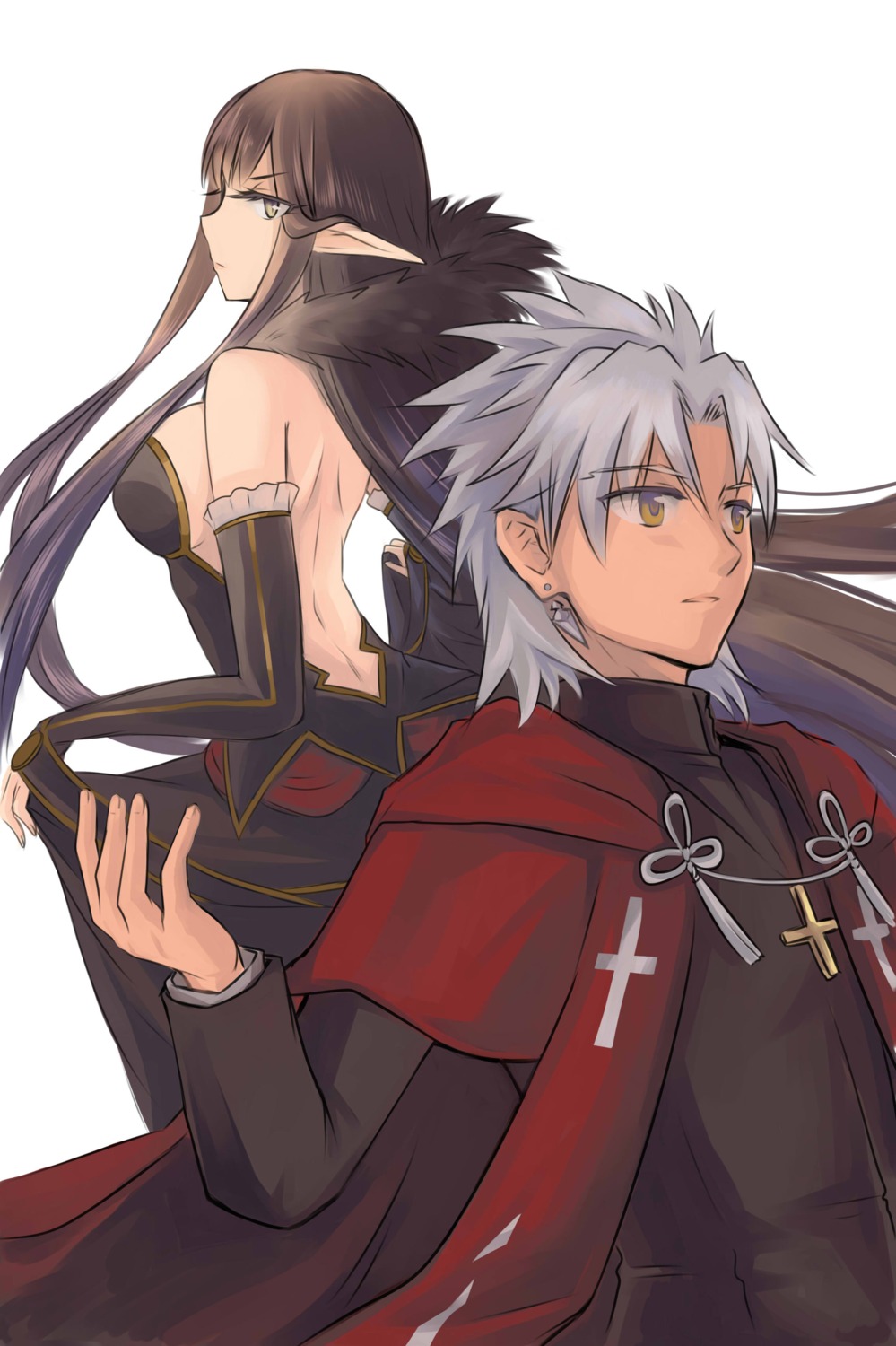 amakusa_shirou_tokisada_(fate), dress, fate/apocrypha, fate/grand_order, fate/stay_night, no_bra, pointy_ears, ruriya, semiramis_(fate)