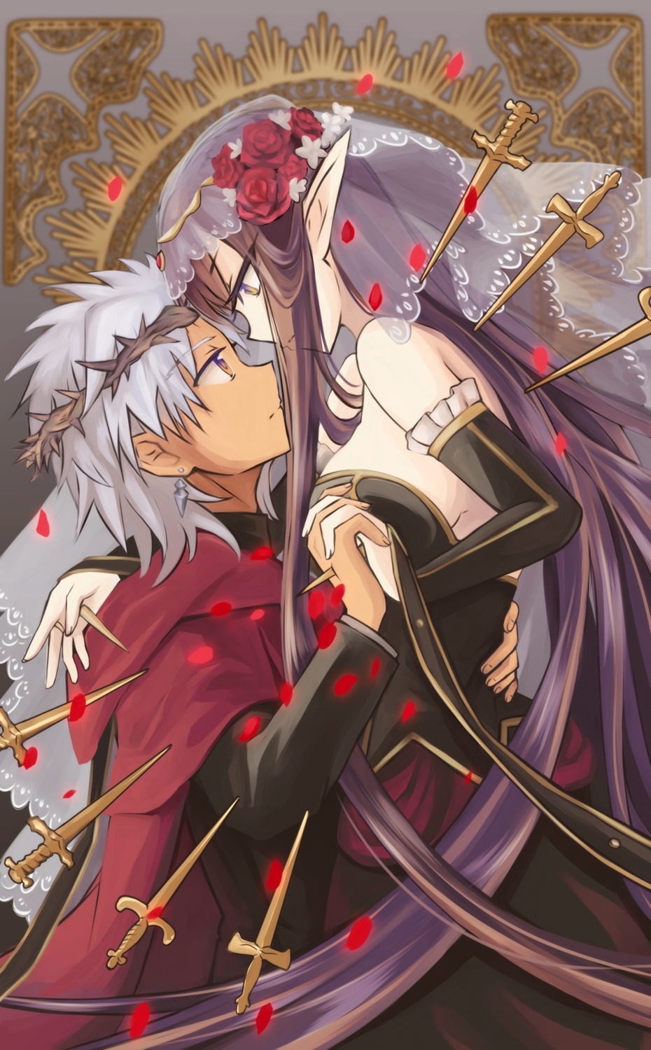 amakusa_shirou_tokisada_(fate), dress, fate/apocrypha, fate/grand_order, fate/stay_night, pointy_ears, ruriya, semiramis_(fate), weapon