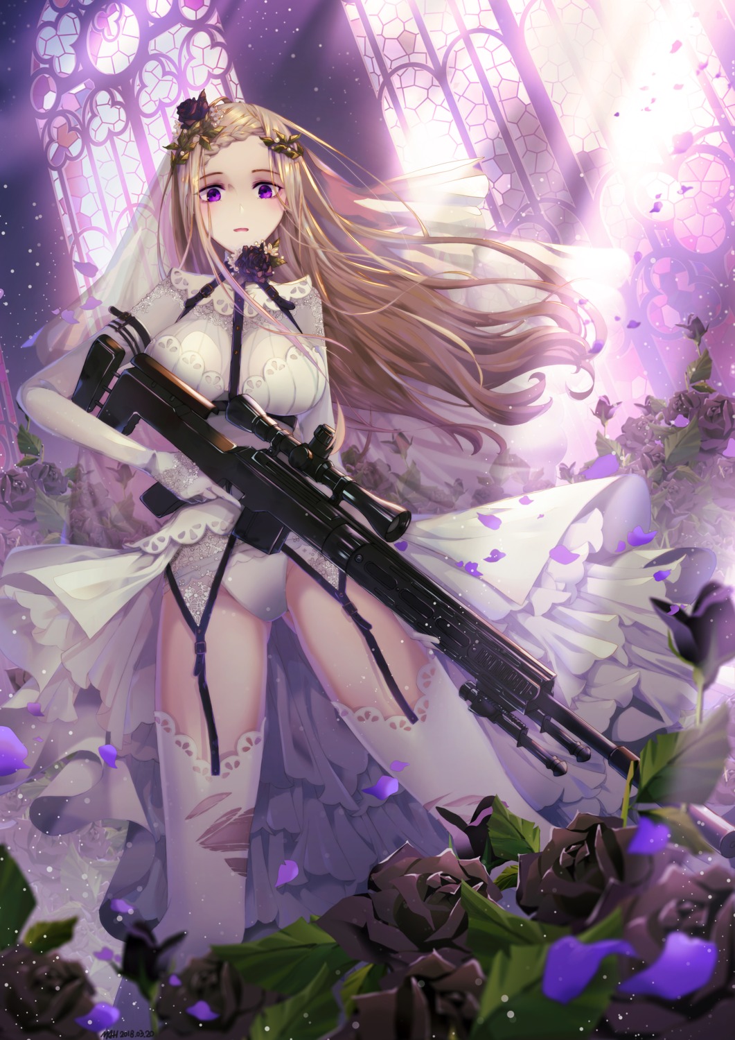 dress, gun, jii_dayday, pantsu, stockings, thighhighs, torn_clothes, wedding_dress