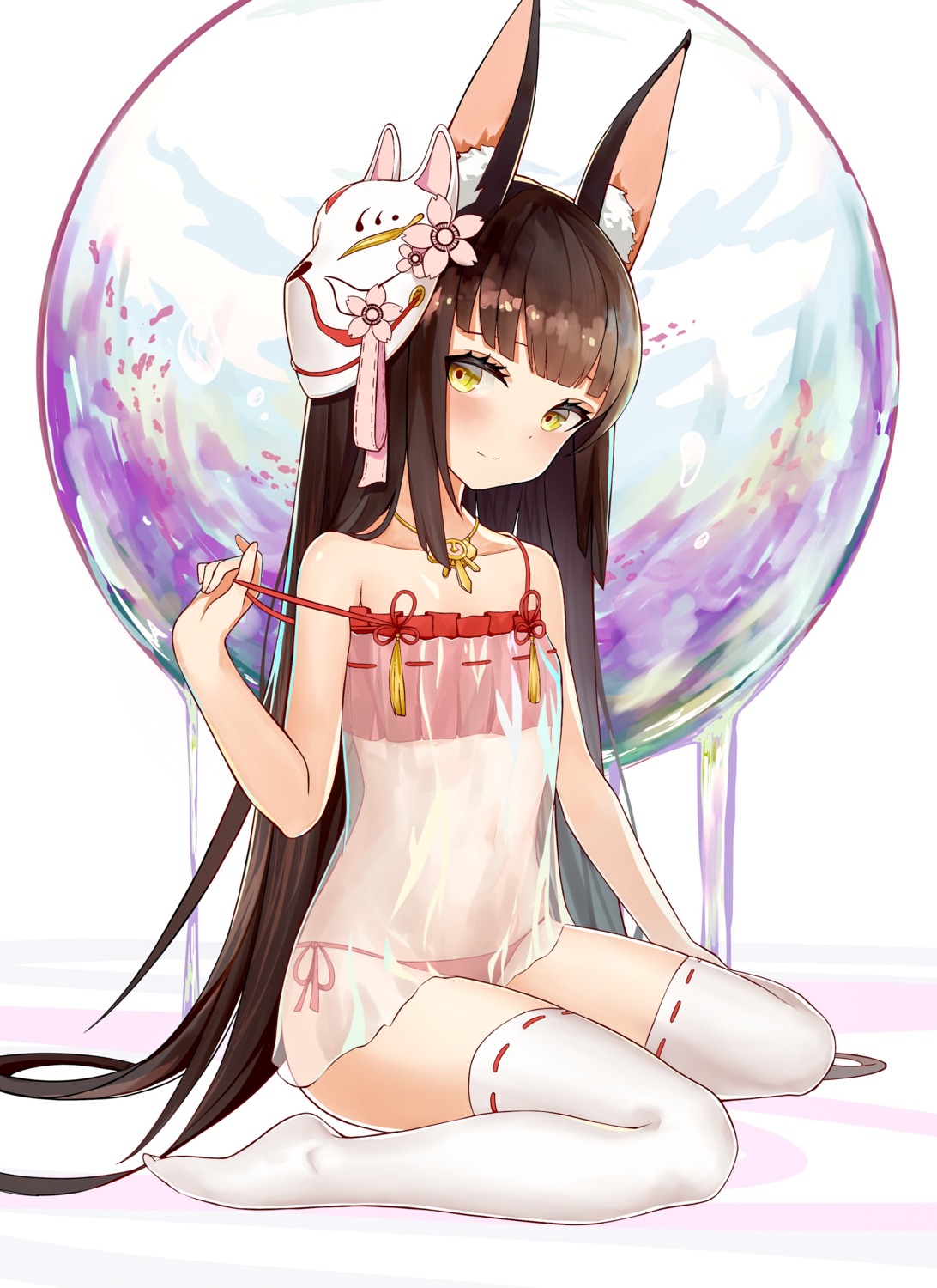 animal_ears, azur_lane, kitsune, lingerie, nagato_(azur_lane), pantsu, see_through, septoleaf
