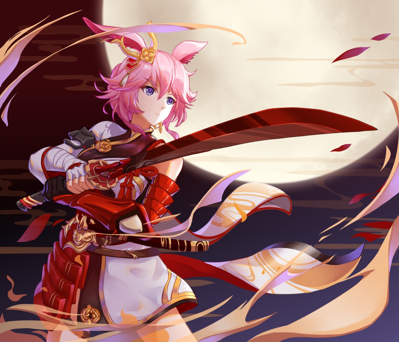 animal_ears, armor, bandages, benghuai_xueyuan, bunny_ears, japanese_clothes, luozi_roko, sword