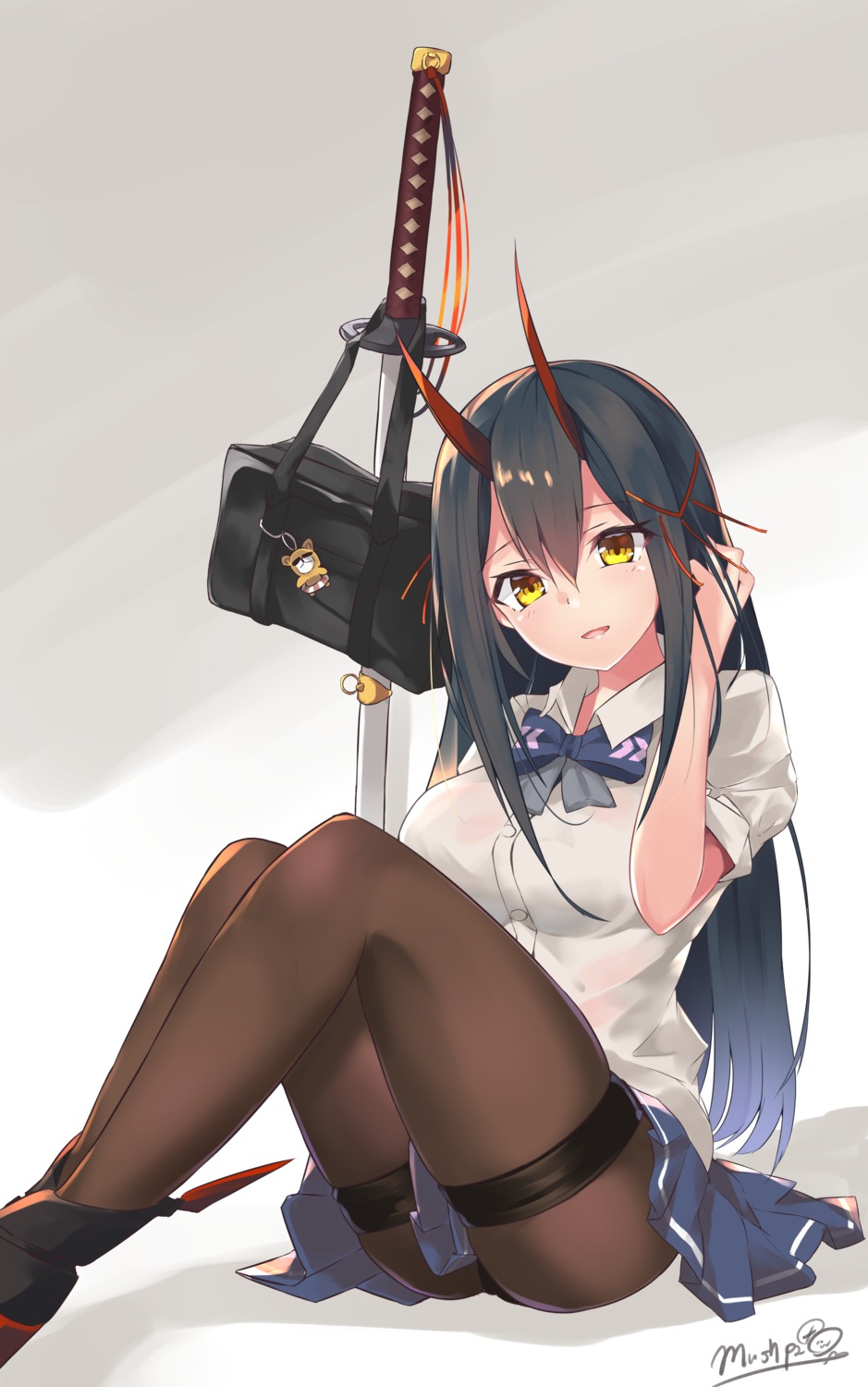 azur_lane, garter, horns, mushpz, pantyhose, seifuku, suzuya_(azur_lane), sword