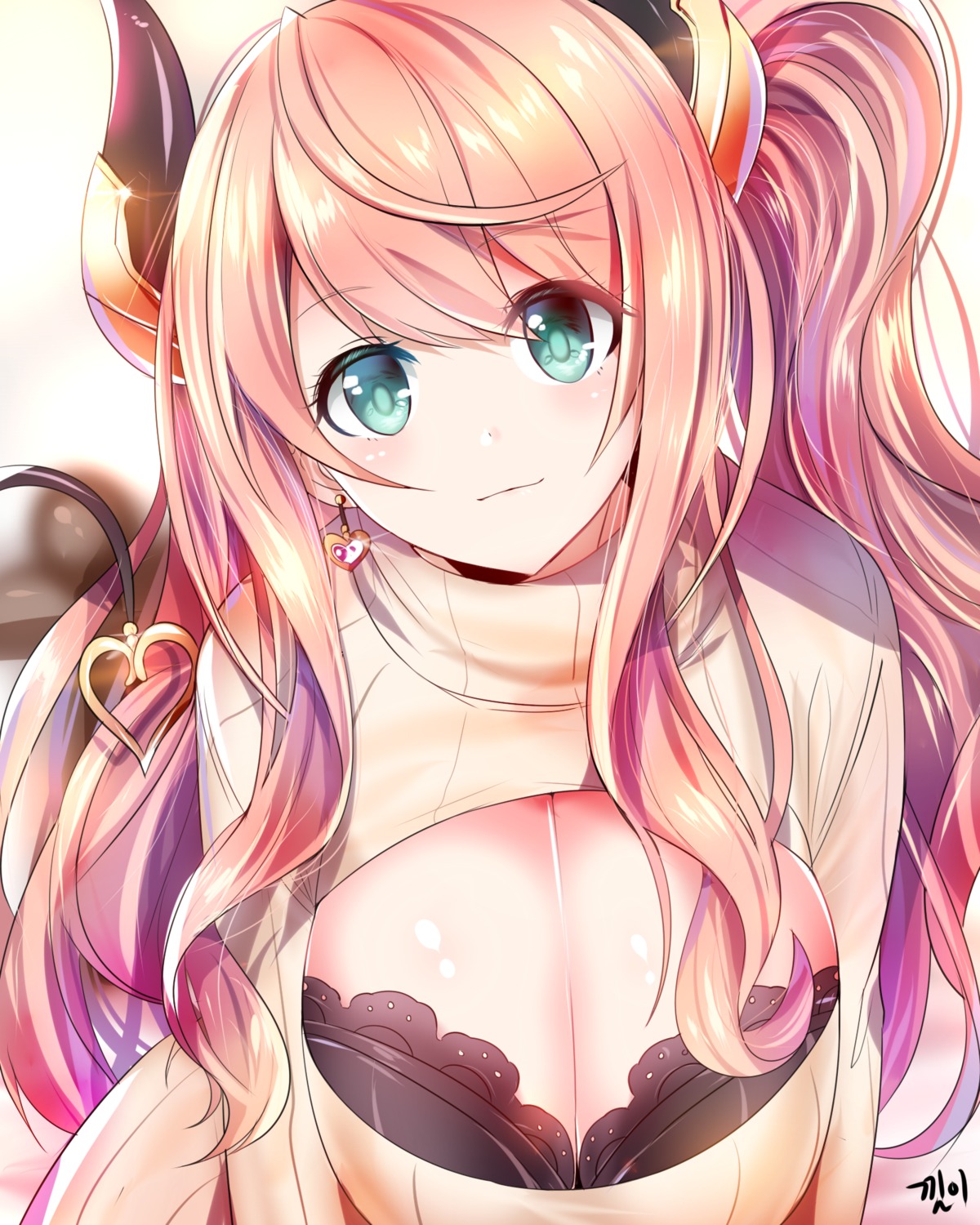 bra, cleavage, horns, minami_suzuna, princess_connect!, princess_connect!_re:dive, sweater, xkrdntjr9