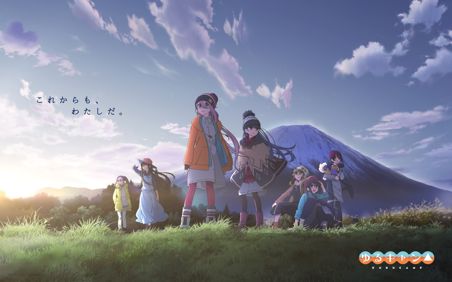 dress, inuyama_aoi, kagamihara_nadeshiko, kagamihara_sakura, landscape, megane, oogaki_chiaki, pantyhose, saitou_ena, shima_rin, sweater, tagme, toba_minami, yurucamp