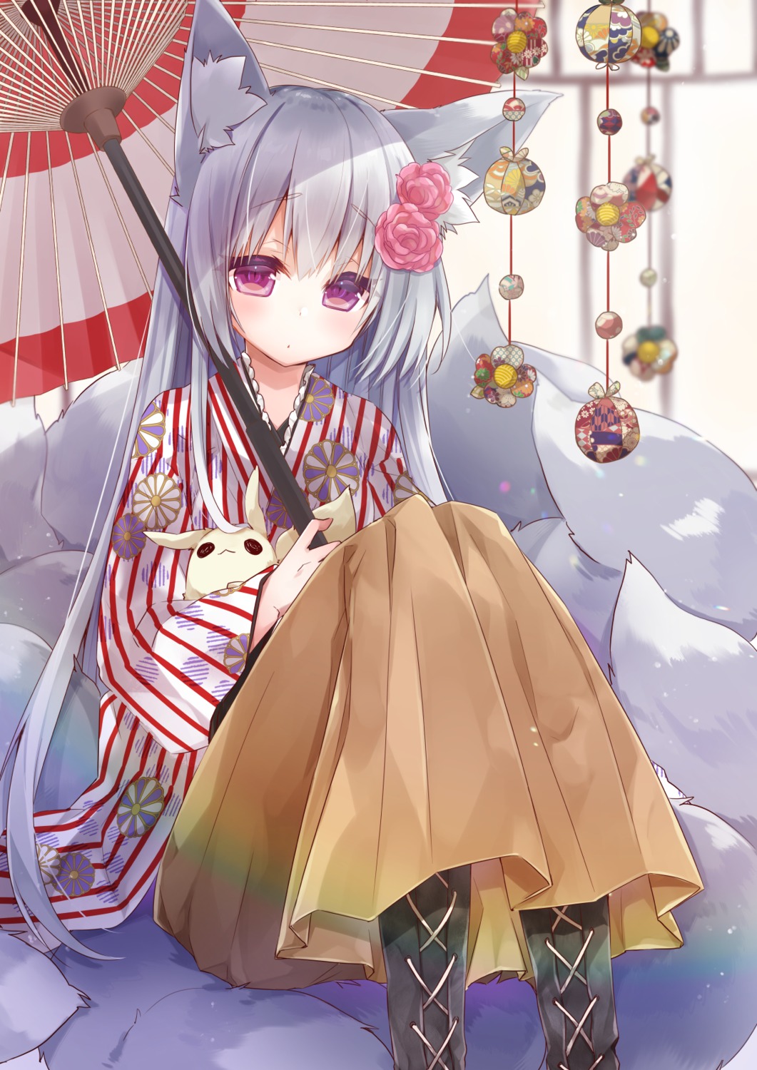 animal_ears, japanese_clothes, kitsune, mao_(alepricos), tail, umbrella
