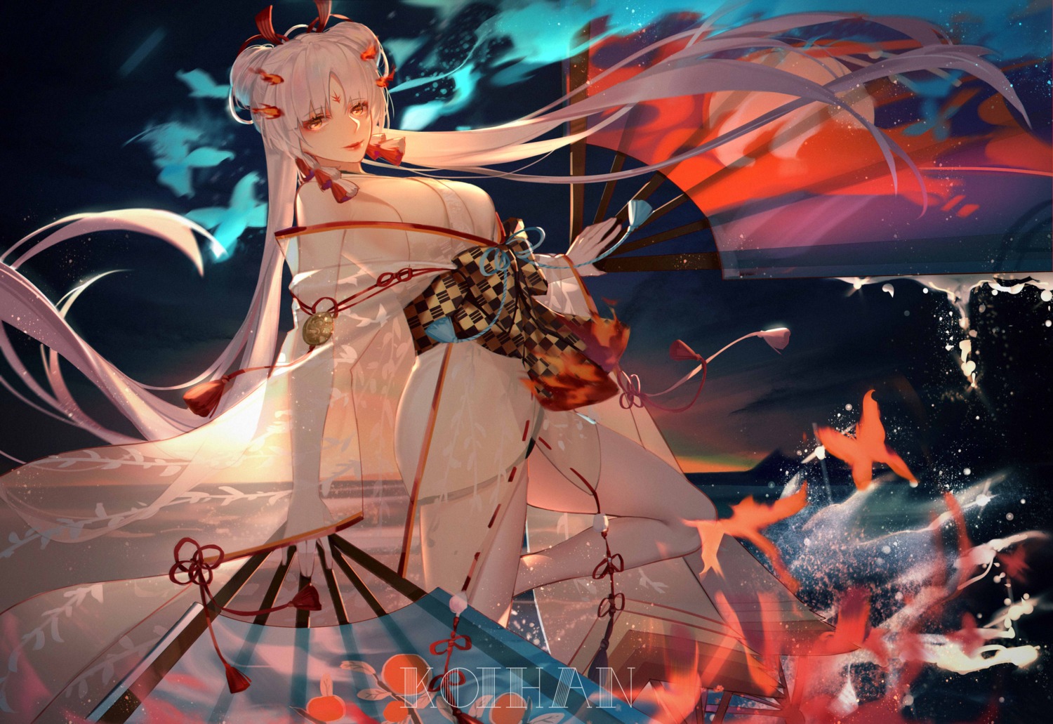japanese_clothes, koi_han, onmyouji, open_shirt, see_through, shiranui_(onmyouji)
