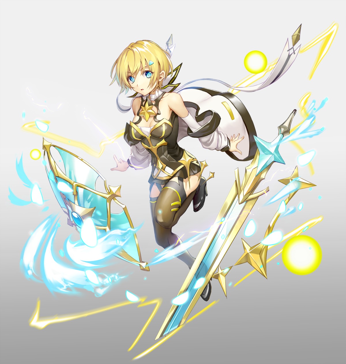 cleavage, heels, qm, sword, thighhighs