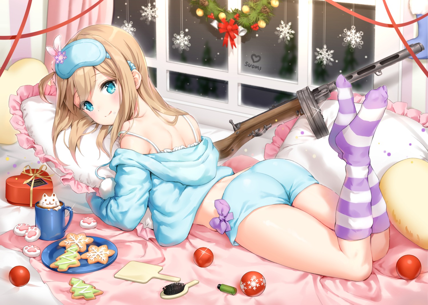 ass, christmas, feet, girls_frontline, gun, marmoset0, pajama, suomi_kp31_(girls_frontline)