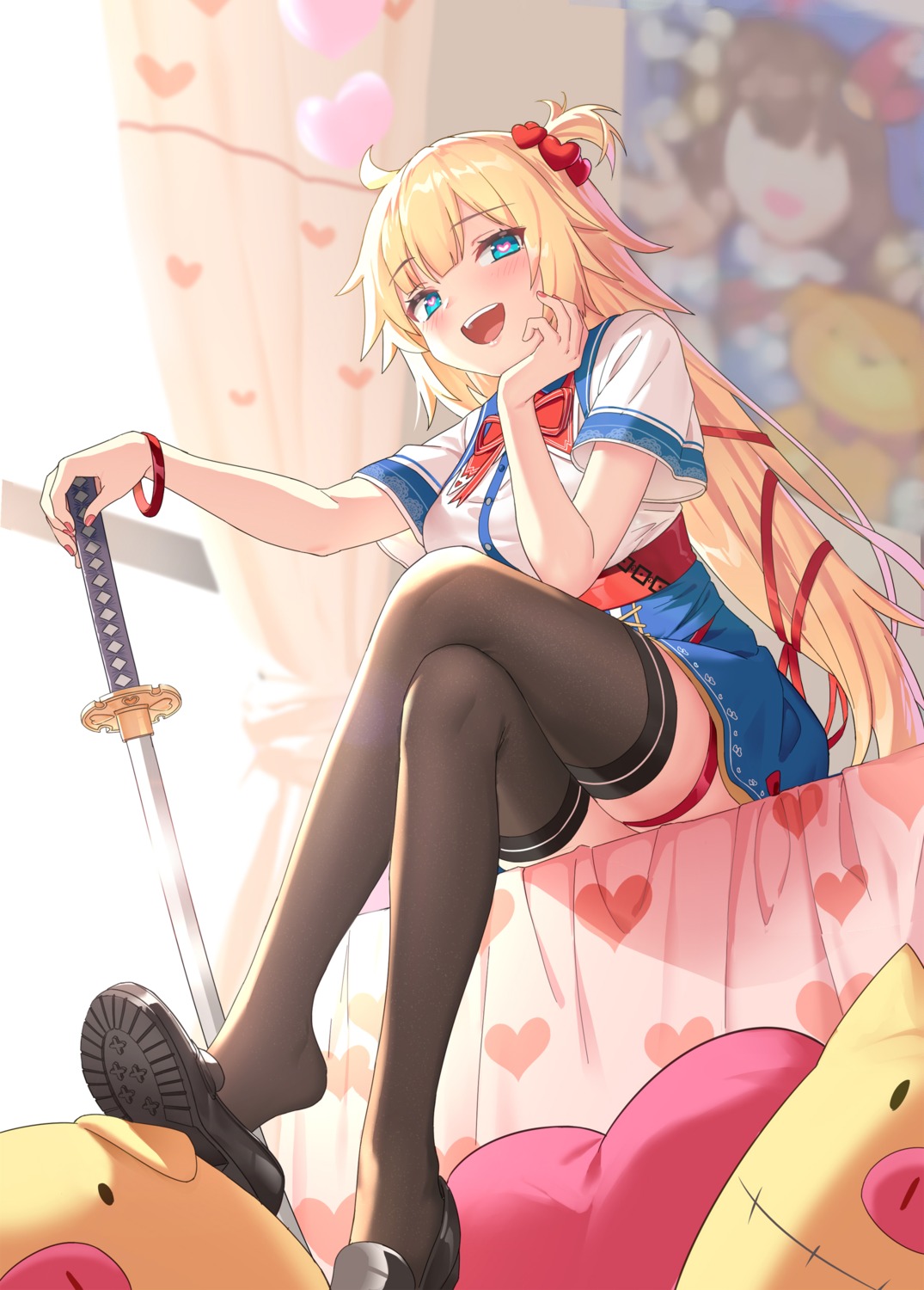 akai_haato, drogoth, garter, hololive, seifuku, sword, thighhighs