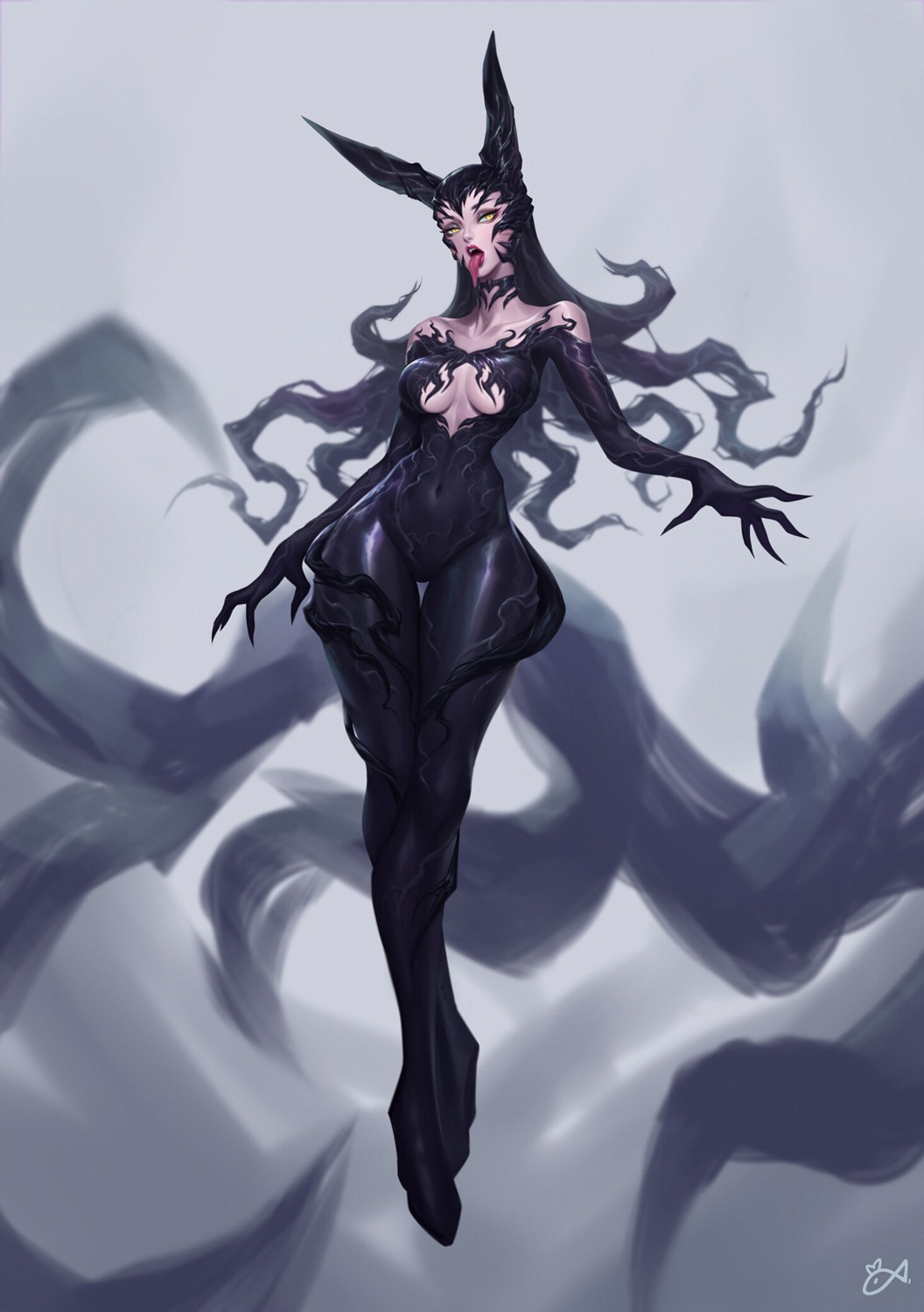 ahri, bodysuit, cimeter_liu, crossover, horns, league_of_legends, marvel, no_bra, venom_(marvel)