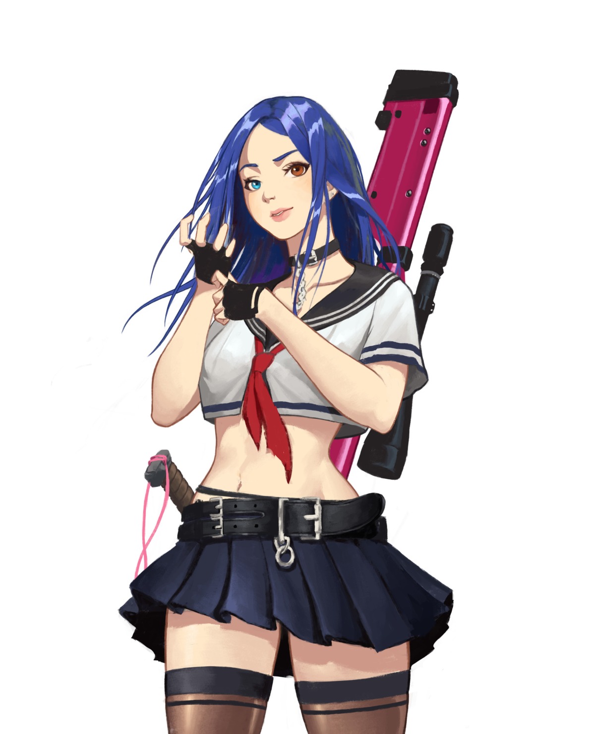 bangku_an, heterochromia, seifuku, sword, thighhighs
