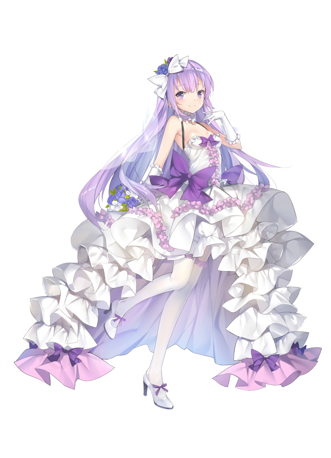 cleavage, dress, heels, kikistark, skirt_lift, stockings, thighhighs, wedding_dress