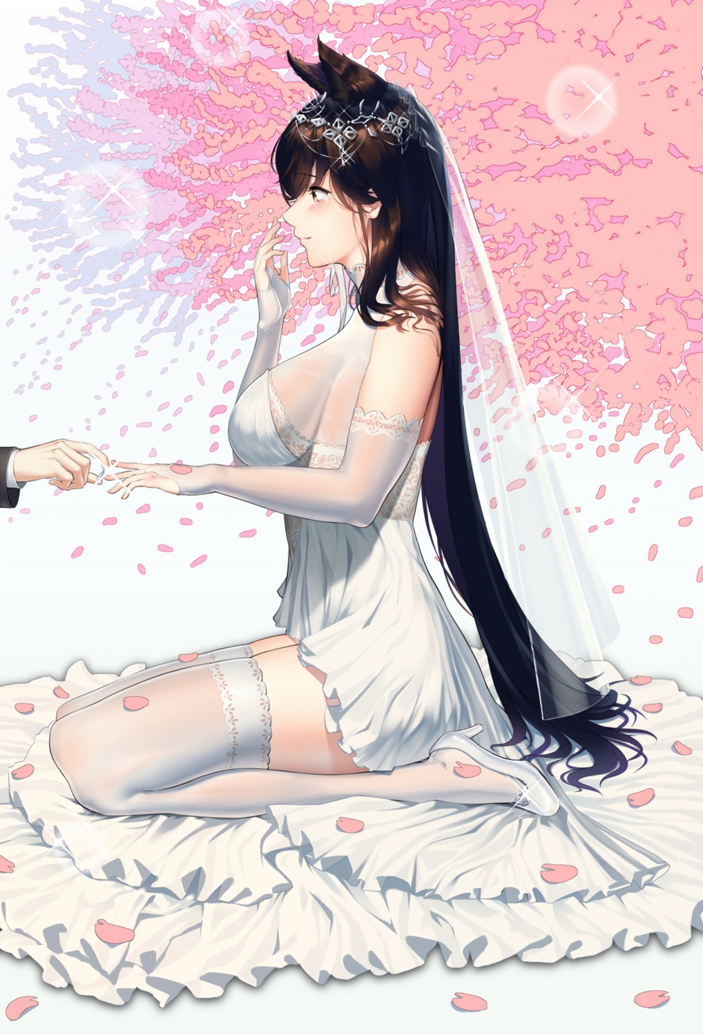 animal_ears, atago_(azur_lane), azur_lane, baiyin, dress, heels, see_through, thighhighs, wedding_dress