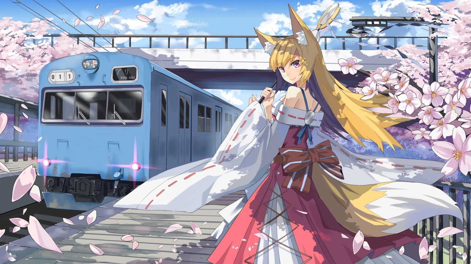animal_ears, japanese_clothes, kitsune, landscape, qihai_lunpo, tail