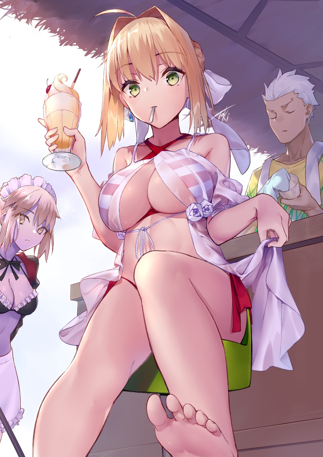 archer, artoria_pendragon_(fate), artoria_pendragon_alter_(fate), bikini, cleavage, emiya_shirou, fate/grand_order, feet, maid, nero_claudius_(fate), see_through, skirt_lift, swimsuits, virtu.al