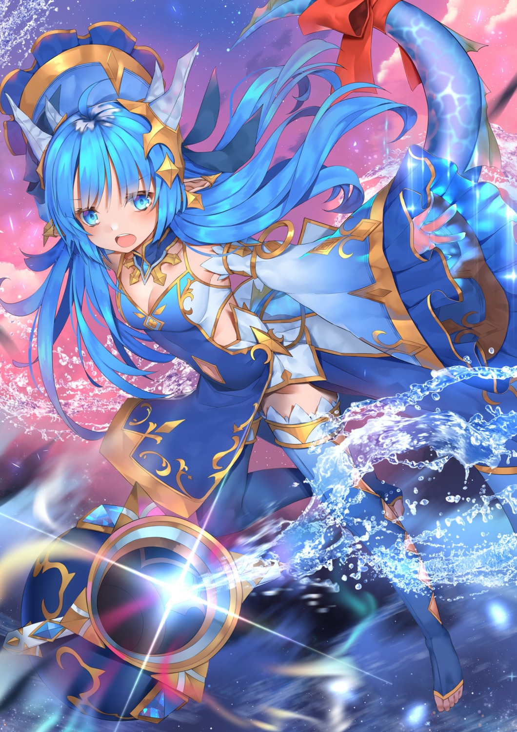 asian_clothes, cleavage, horns, king's_raid, lilia_(king's_raid), skirt_lift, slumcat, tail