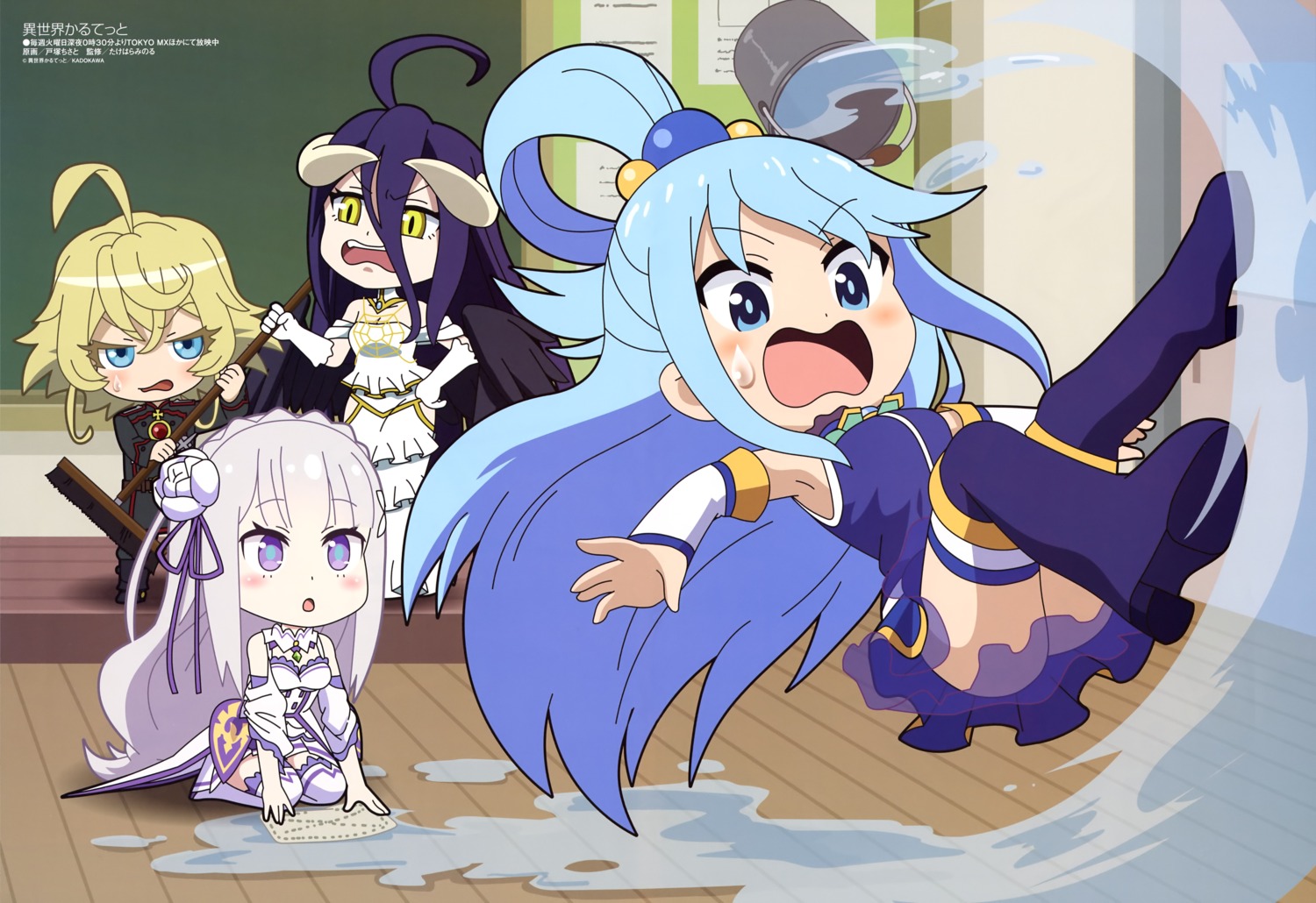 albedo_(overlord), aqua_(konosuba), chibi, crossover, emilia_(re_zero), heels, horns, isekai_quartet