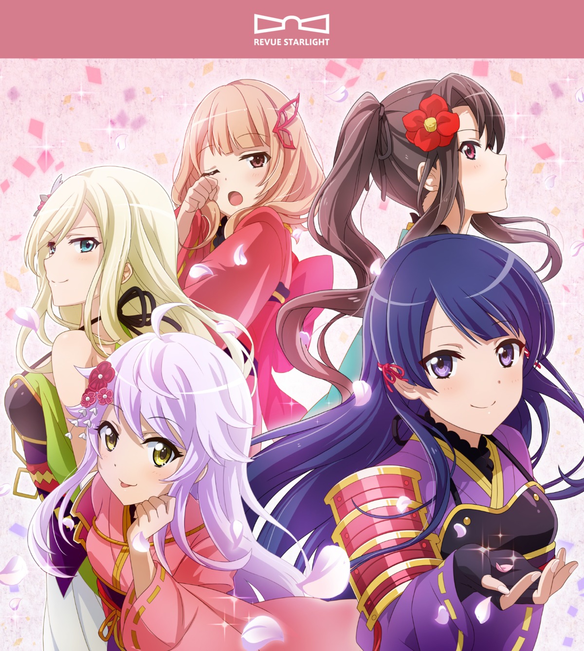 akikaze_rui, armor, disc_cover, japanese_clothes, otonashi_ichie, shoujo_kageki_revue_starlight, shoujo_kageki_revue_starlight_-re_live-, tanaka_yuyuko, tomoe_tamao, yumeooji_fumi