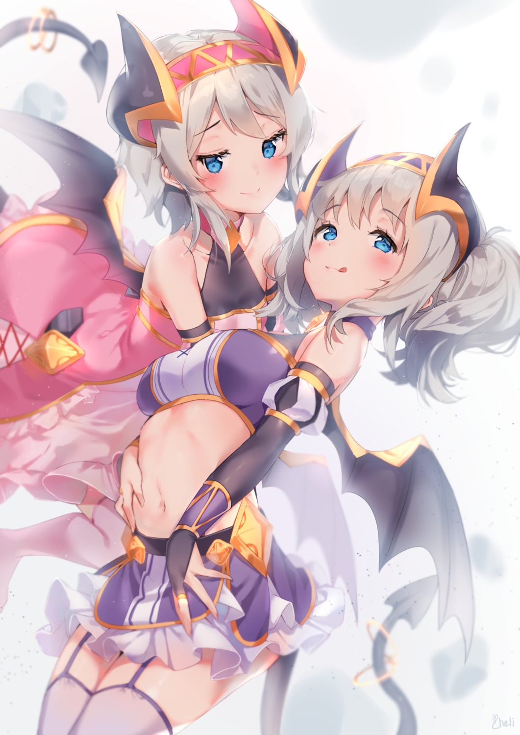 cheli_(kso1564), kazemiya_akari, kazemiya_yori, princess_connect!, princess_connect!_re:dive, stockings, tail, thighhighs, wings