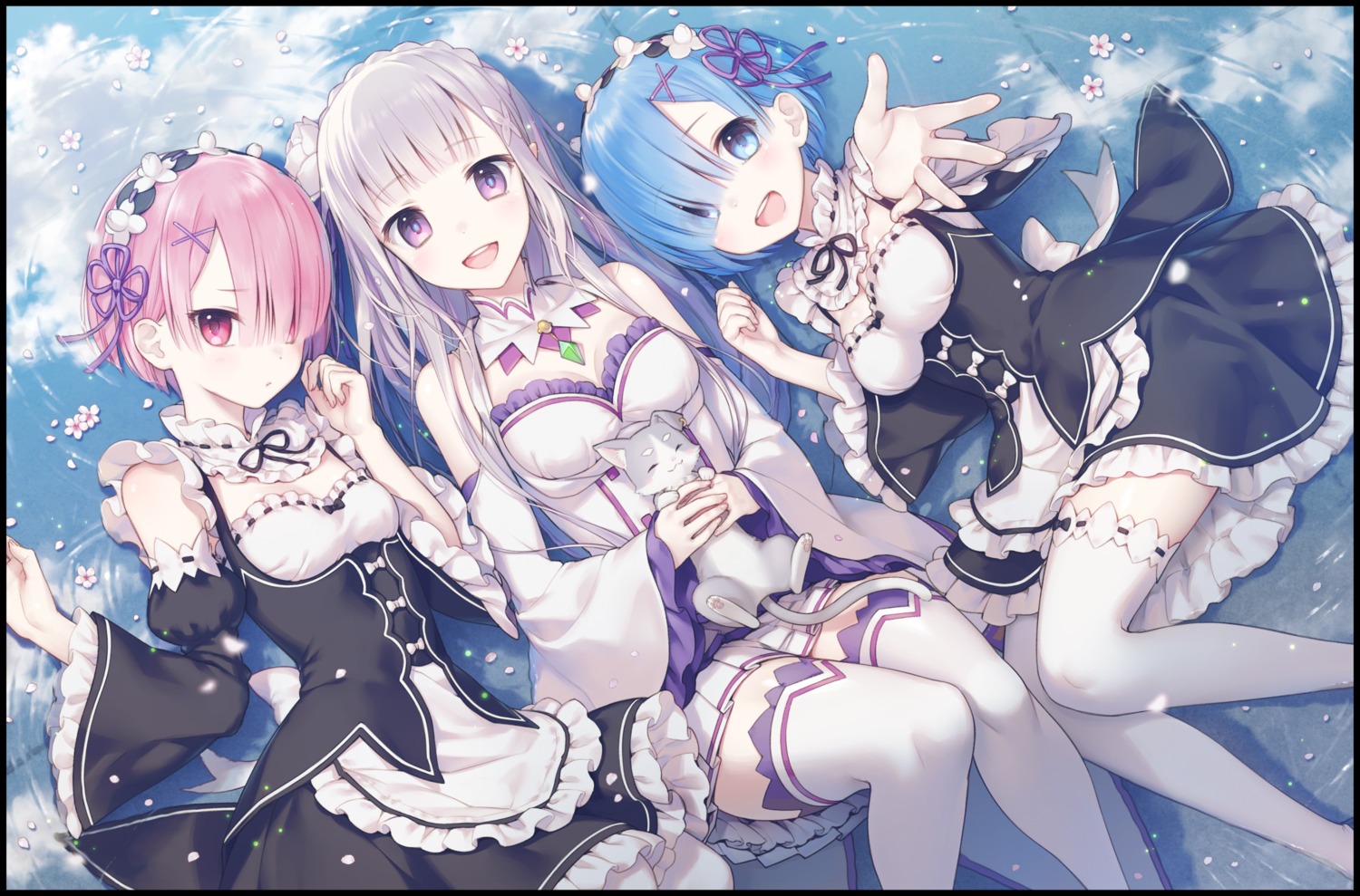 cleavage, elf, emilia_(re_zero), endcard, maid, nekokan_masshigura, pointy_ears, ram_(re_zero)