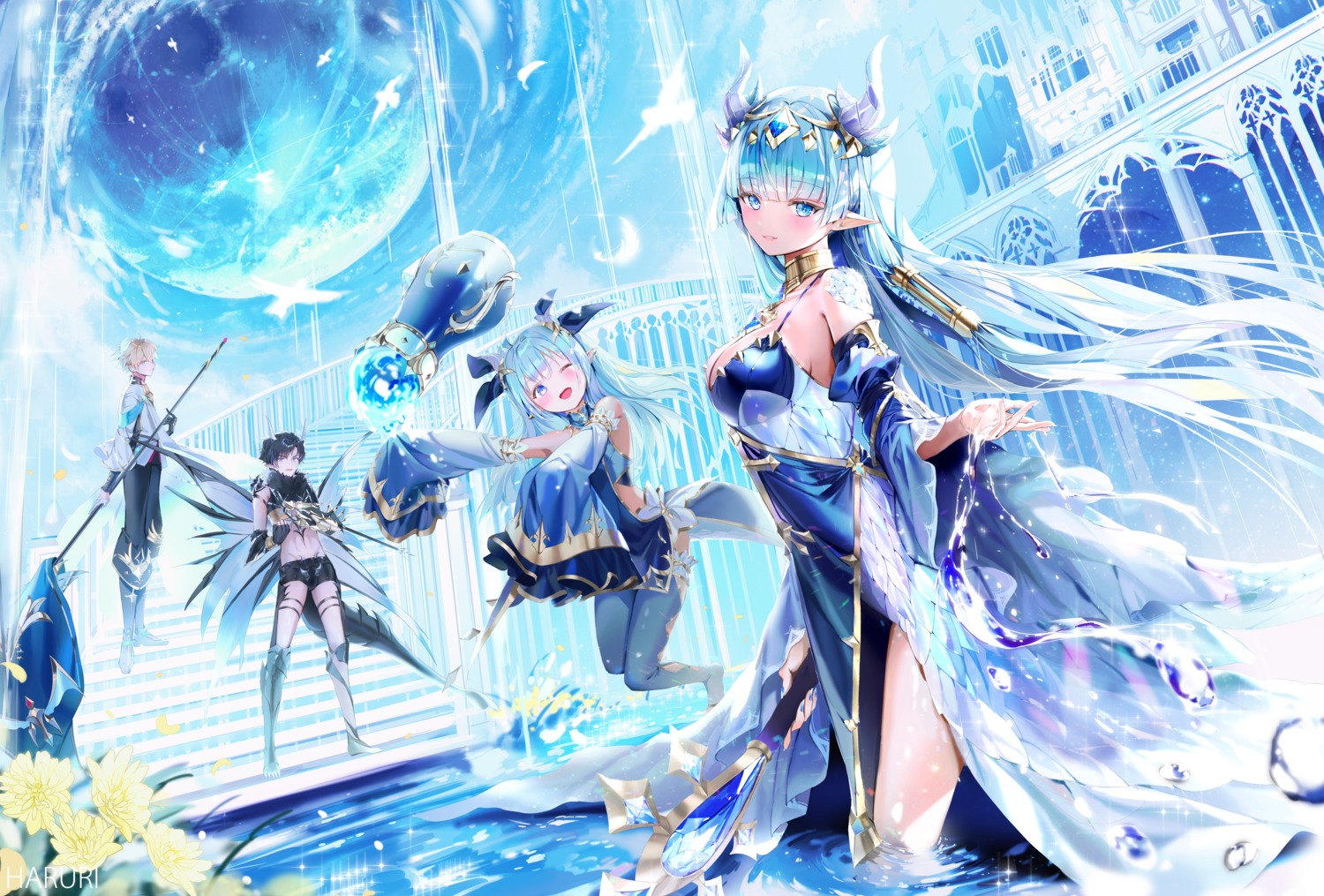 cleavage, dress, haruri, king's_raid, laias_(king's_raid), lilia_(king's_raid), lucias_(king's_raid), neraxis_(king's_raid), pointy_ears, thighhighs, weapon, wet
