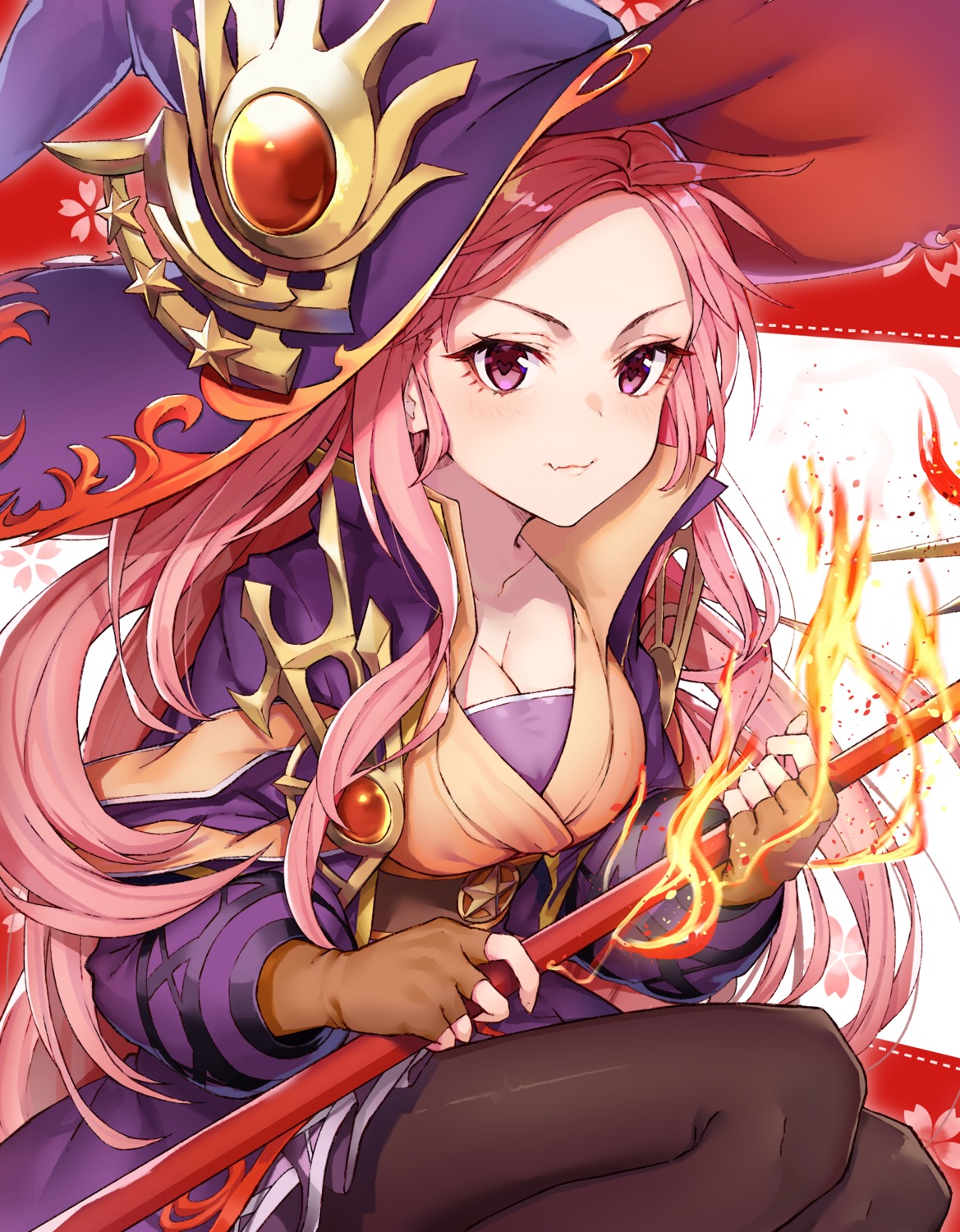 black_cola, cleavage, cleo_(king's_raid), king's_raid, pantyhose, weapon, witch
