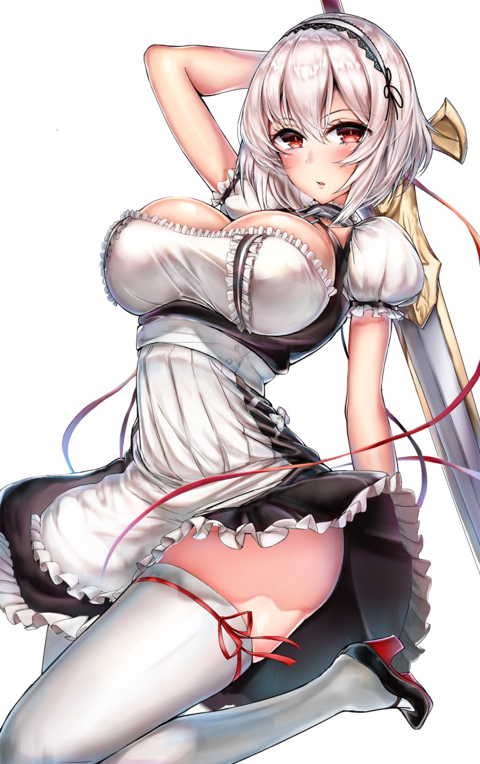 azur_lane, cleavage, coda_(simon1995), heels, maid, sirius_(azur_lane), skirt_lift, sword, thighhighs