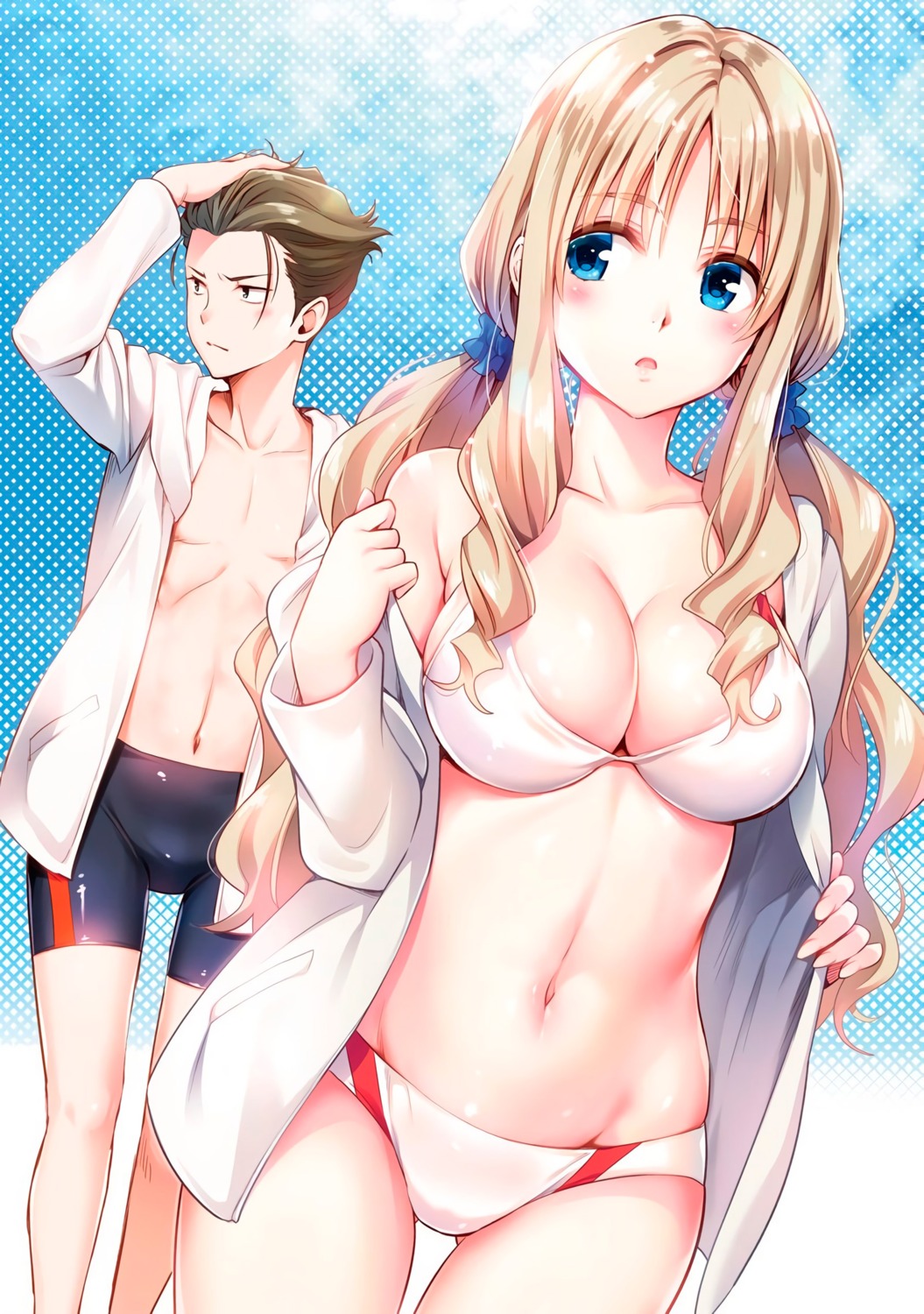 bikini, darling_in_the_franxx, kokoro_(darling_in_the_franxx), mitsuru_(darling_in_the_franxx), open_shirt, swimsuits, undressing, yabuki_kentarou