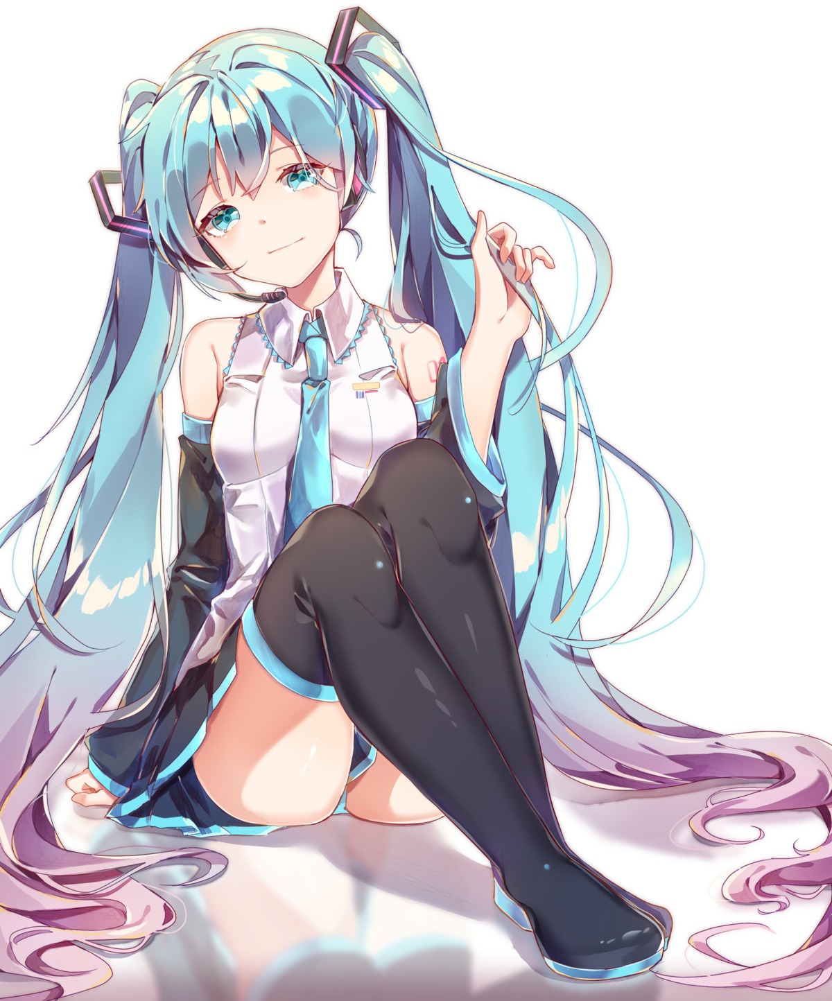 ayatsuki_sugure, hatsune_miku, headphones, tattoo, thighhighs, vocaloid