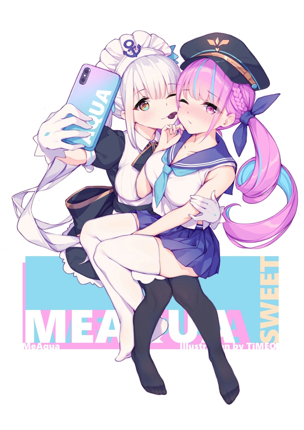 crossover, hololive, kagura_mea, kagura_mea_channel, maid, minato_aqua, open_shirt, seifuku