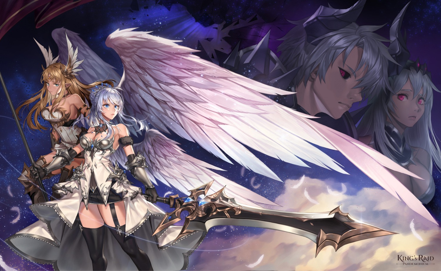 armor, aselica_(king's_raid), cleavage, dark_lord_kasel_(king's_raid), fallen_frey_(king's_raid), frey_(king's_raid), horns, kasel_(king's_raid), king's_raid, scarlet_(king's_raid), stockings, sword, tagme, thighhighs, wings