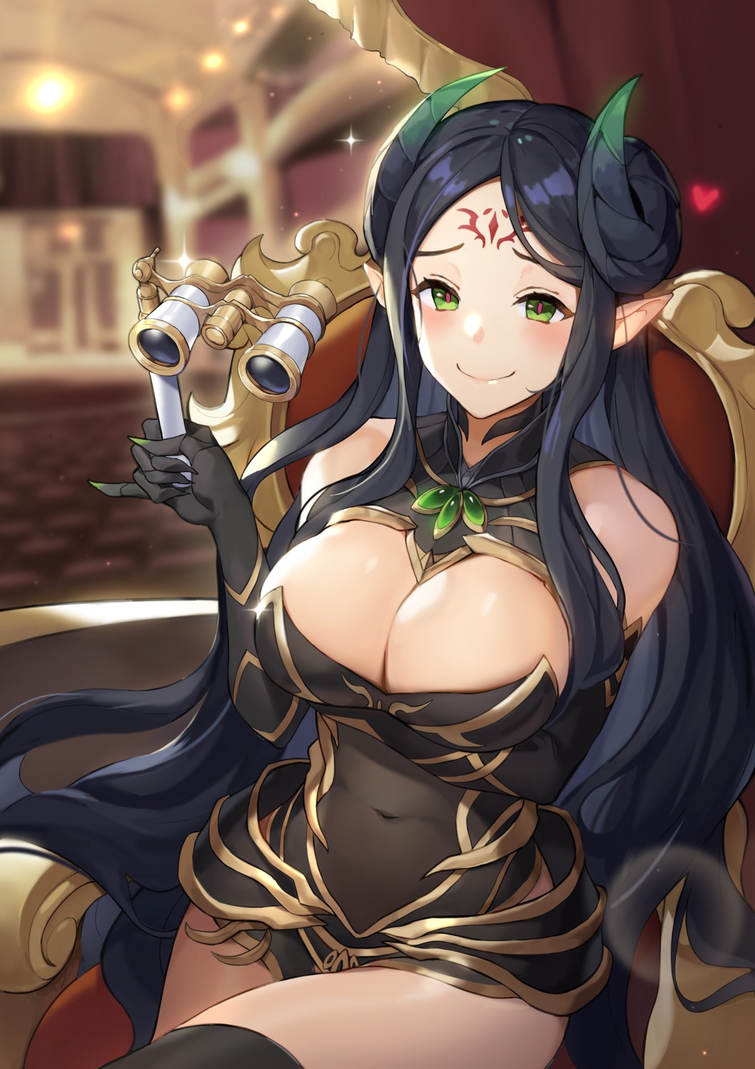 armor, chohe, cleavage, horns, king's_raid, pointy_ears, shamilla_(king's_raid), tattoo, thighhighs