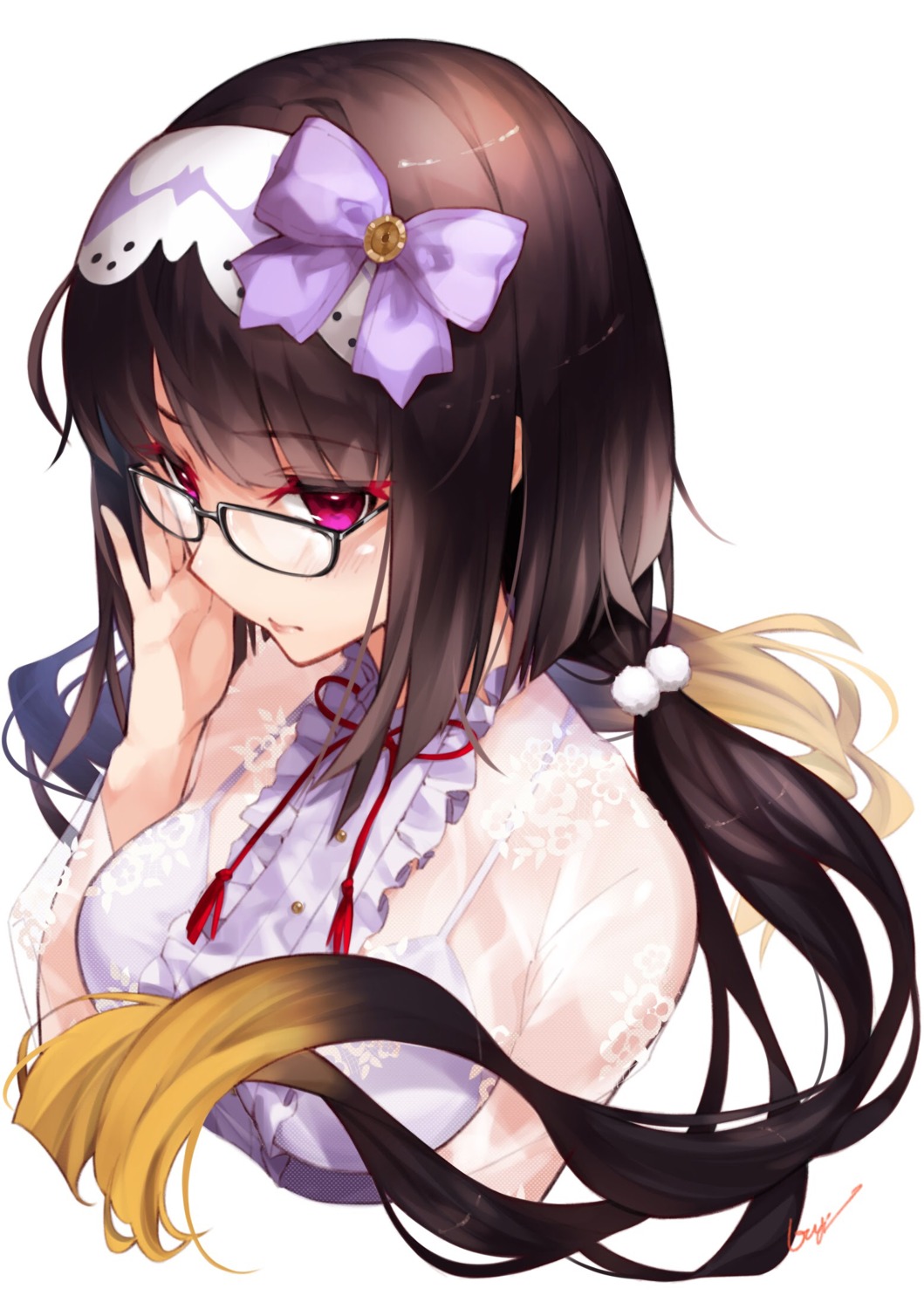 bra, breast_hold, fate/grand_order, megane, osakabehime_(fate), see_through, utayoi_(umakatare)