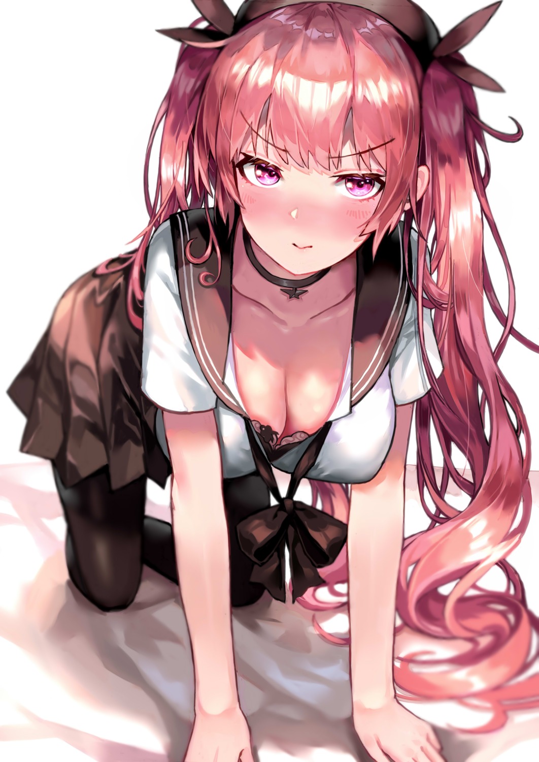 azur_lane, bra, cleavage, denchu_(kazudentyu), honolulu_(azur_lane), pantyhose, seifuku