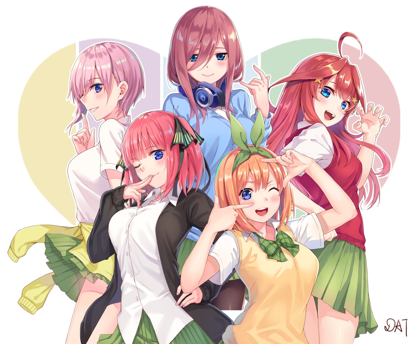 5-toubun_no_hanayome, da-cart, headphones, nakano_ichika, nakano_itsuki, nakano_miku, nakano_nino, nakano_yotsuba