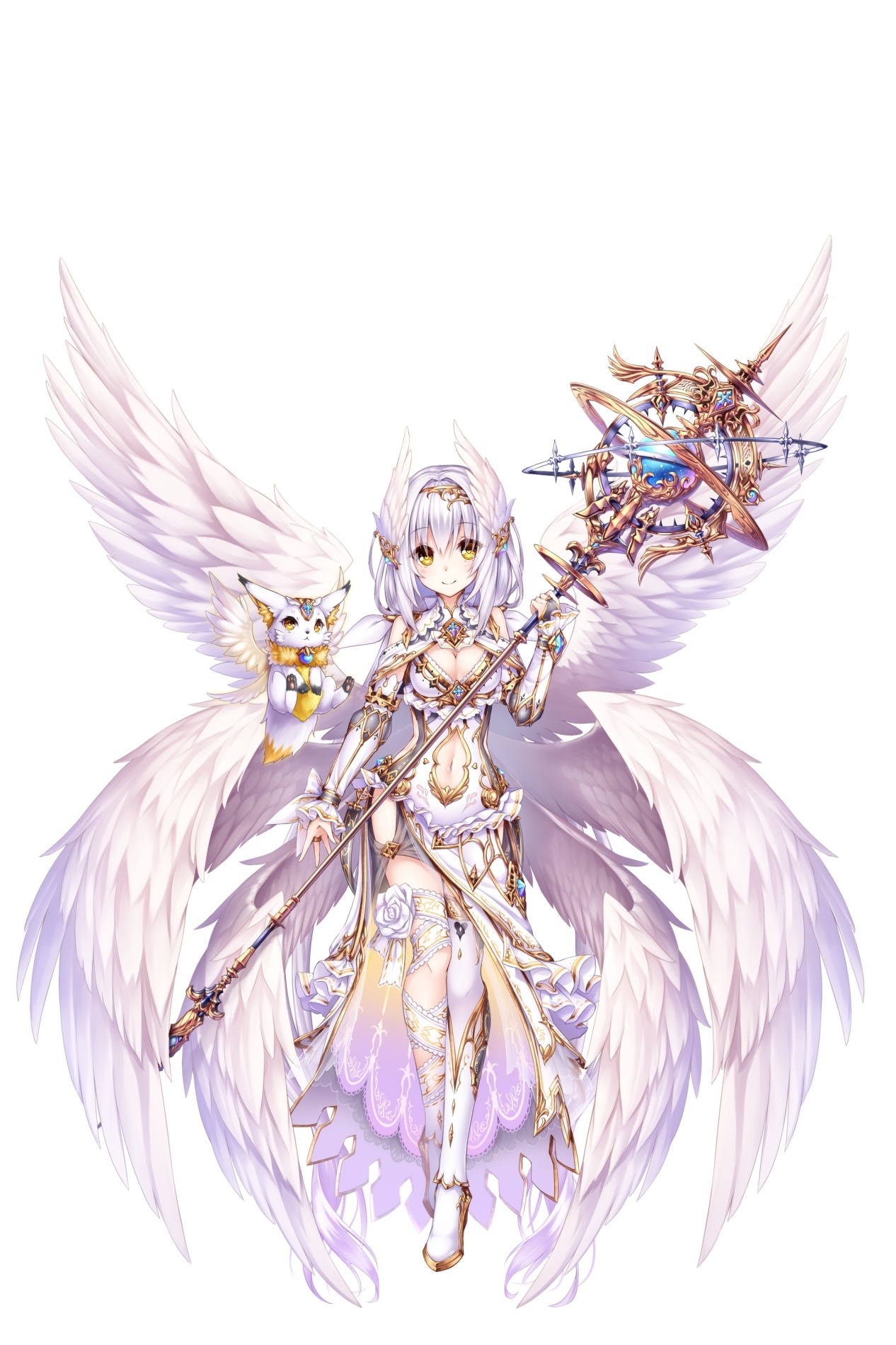 armor, cleavage, kanpani_girls, tagme, thighhighs, weapon, wings