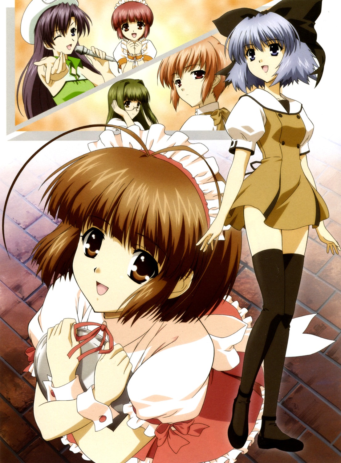 dress, fujie_sana, iida_akino, inohara_haruhi, kishida_tomo, megane, ootori_tsubasa, seifuku, thighhighs, touno_senna, w-wish, waitress