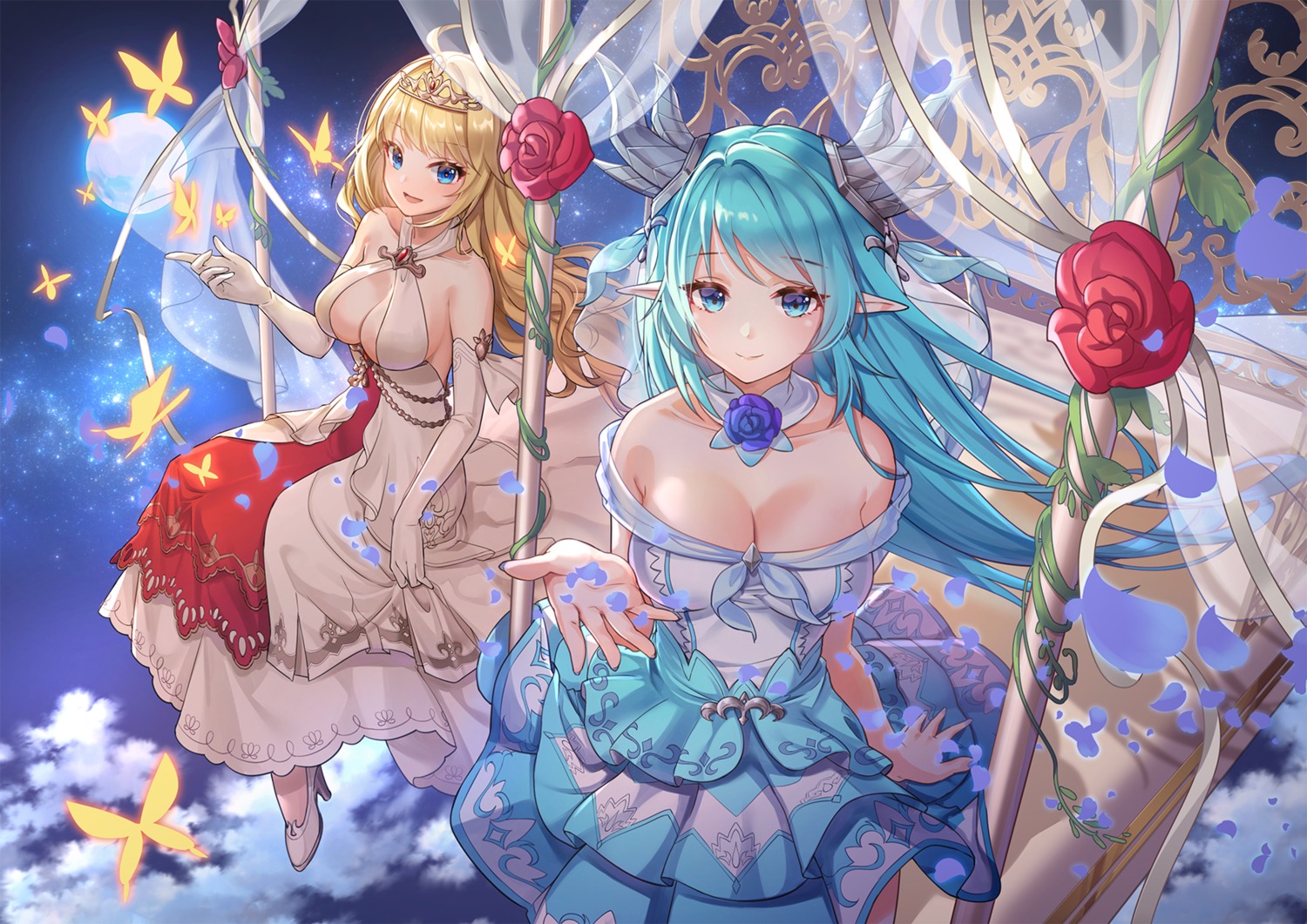 artemia_(king's_raid), chibi_vanille, cleavage, dress, heels, horns, king's_raid, laias_(king's_raid), no_bra, pointy_ears