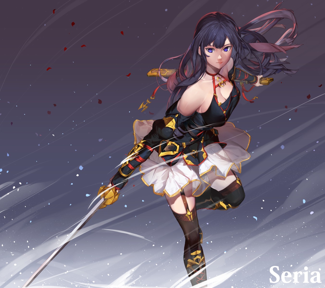 cleavage, hal_, king's_raid, seria_(king's_raid), stockings, sweater, sword, thighhighs