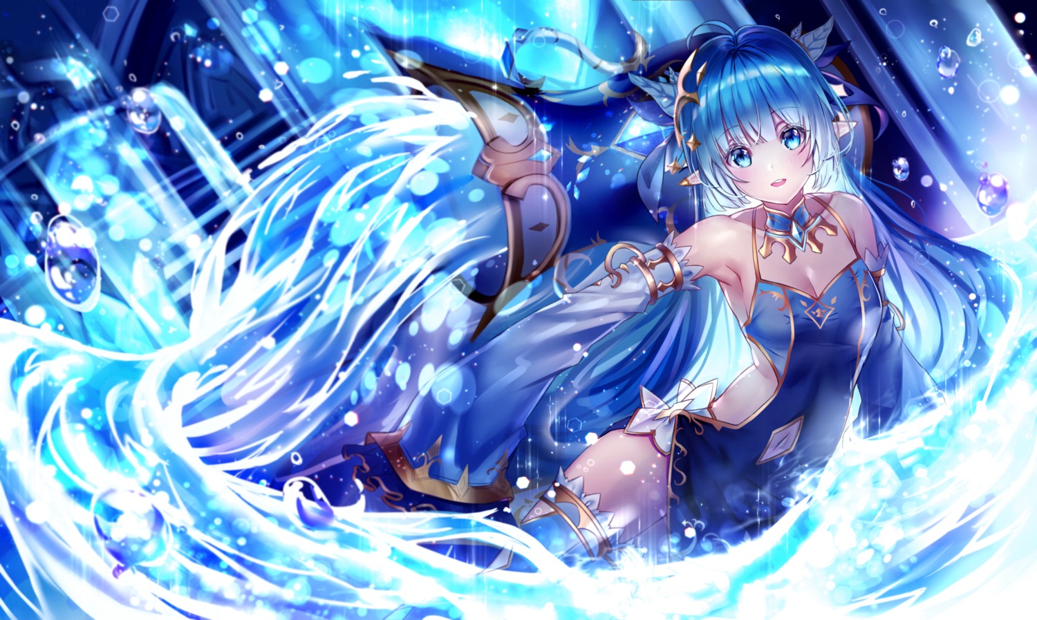 cleavage, king's_raid, lilia_(king's_raid), lium, pointy_ears, thighhighs, wet
