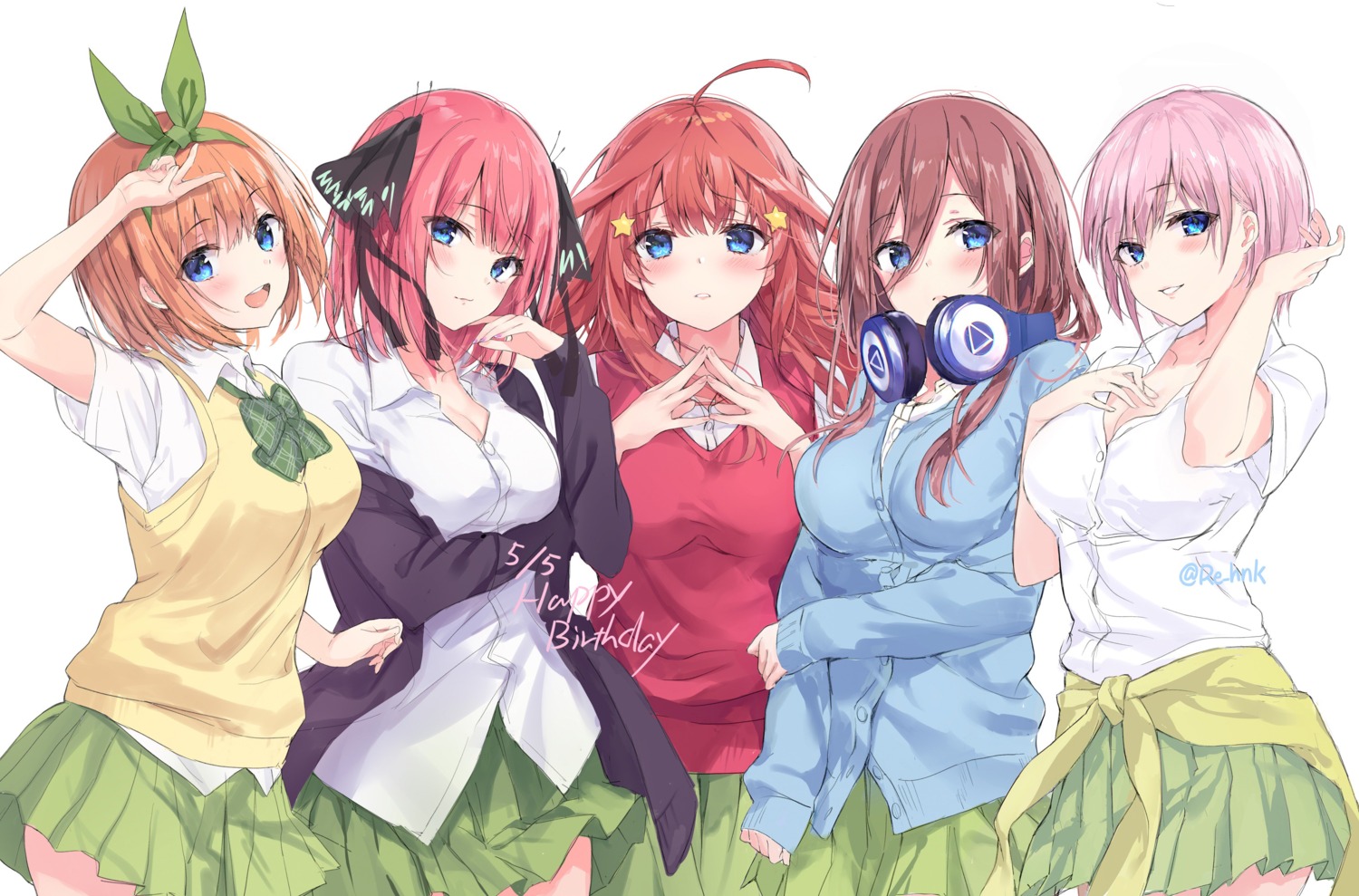 5-toubun_no_hanayome, cleavage, headphones, nakano_ichika, nakano_itsuki, nakano_miku, nakano_nino, nakano_yotsuba