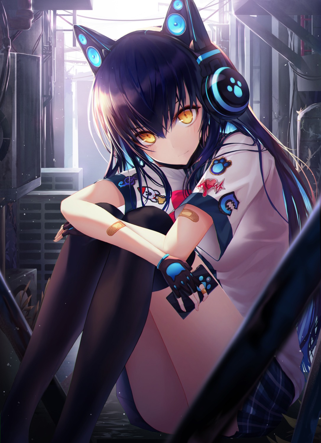 animal_ears, bandaid, h2o_(dfo), headphones, thighhighs