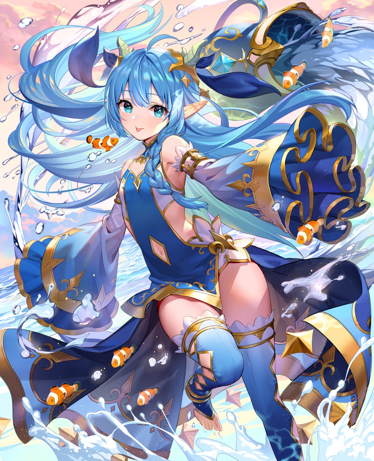 horns, king's_raid, lilia_(king's_raid), pointy_ears, teffish, thighhighs, wet
