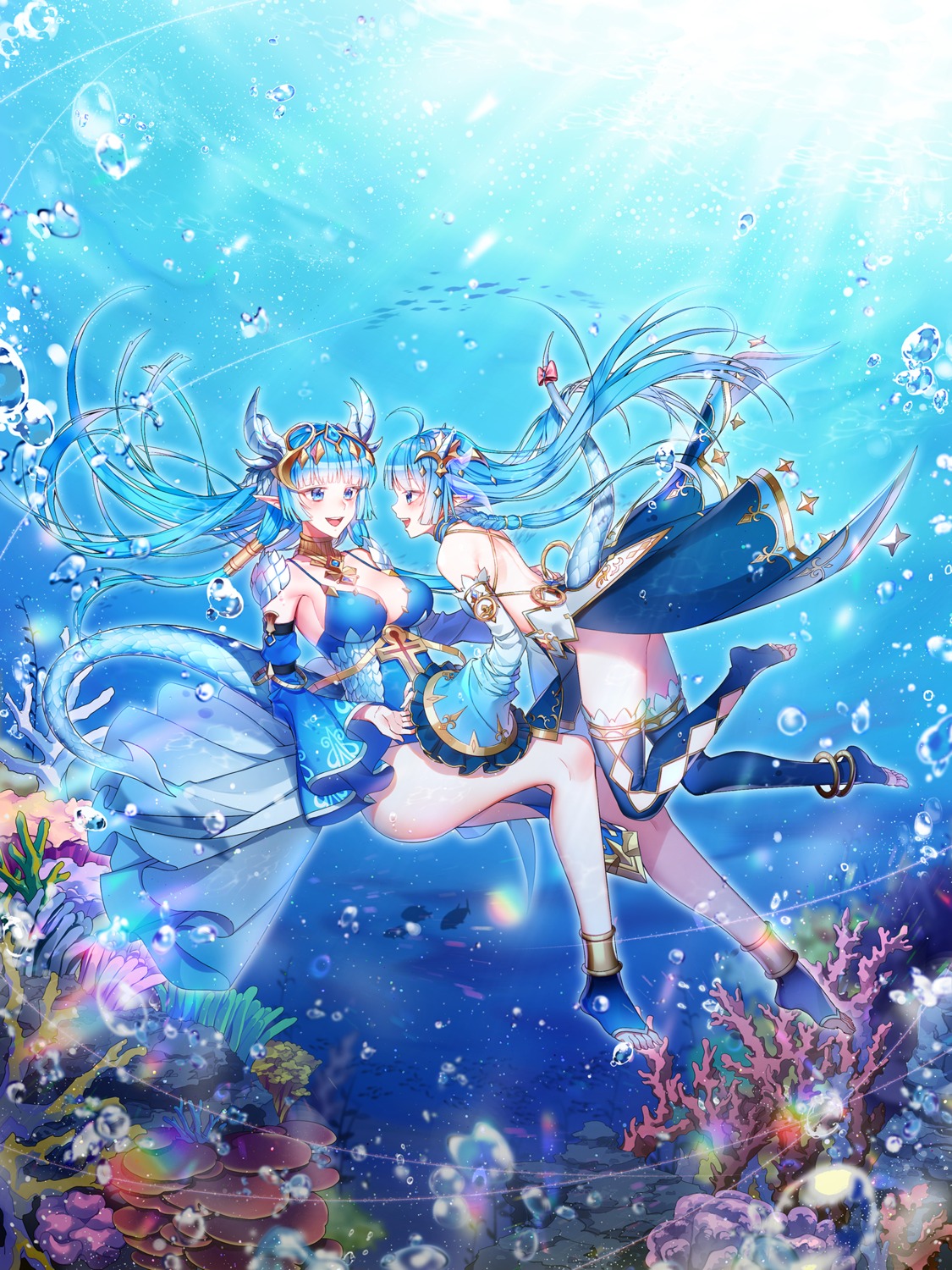 cleavage, horns, king's_raid, laias_(king's_raid), lilia_(king's_raid), milcona, pointy_ears, tail