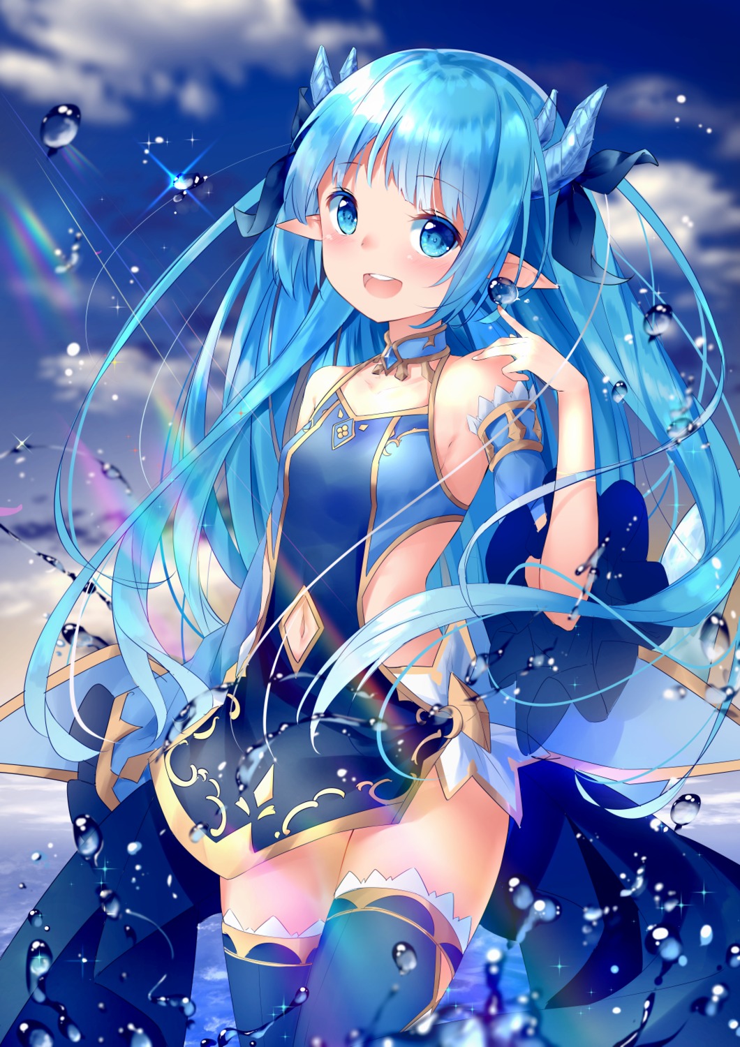 horns, king's_raid, lilia_(king's_raid), pointy_ears, shiraki_shiori, thighhighs, wet