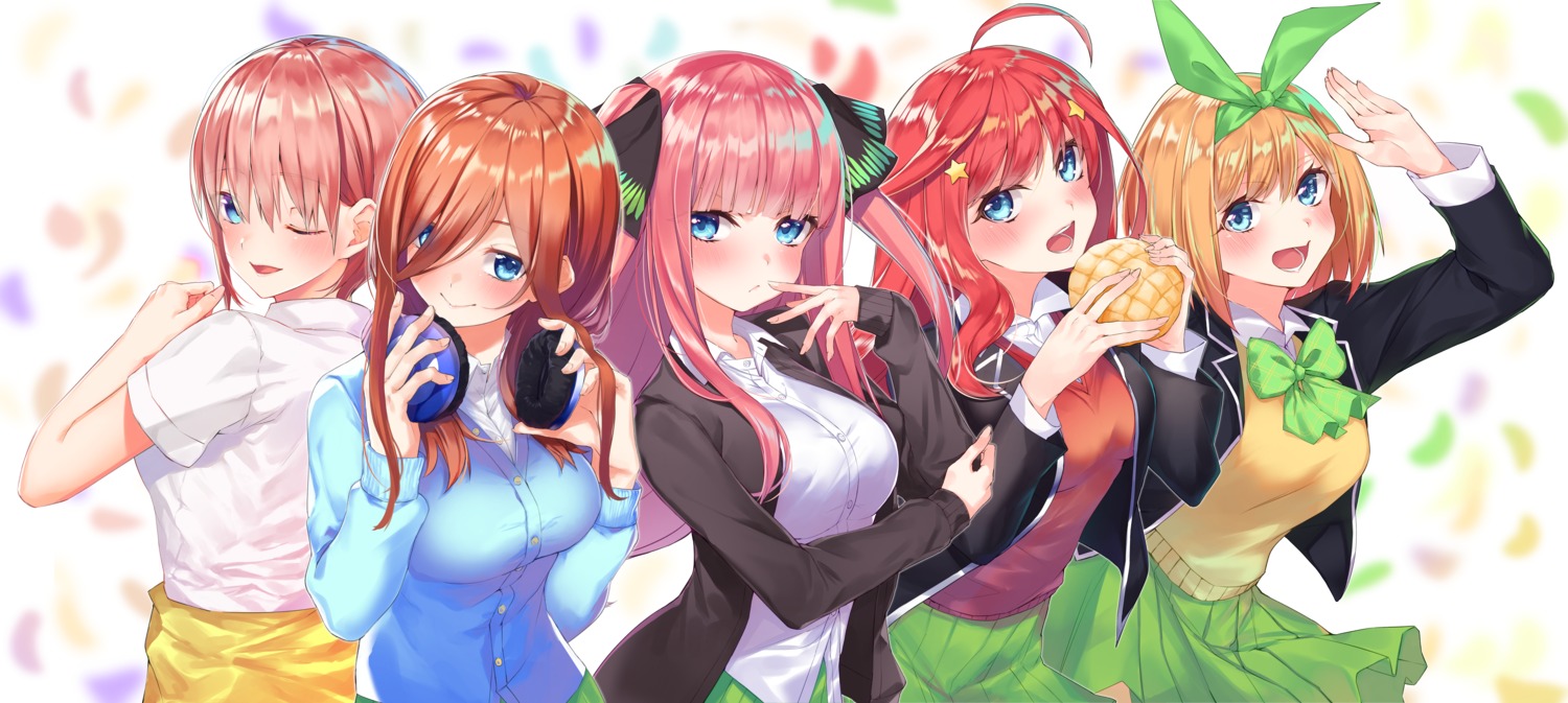 5-toubun_no_hanayome, hachiroku_(hatirokusann86), headphones, nakano_ichika, nakano_itsuki, nakano_miku, nakano_nino, nakano_yotsuba